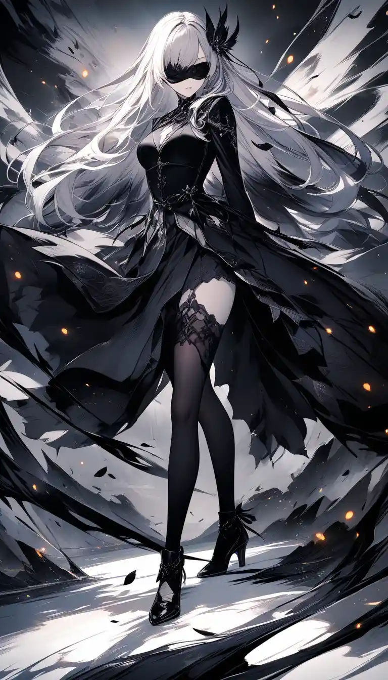 Blindfolded white haired girl in a dark cursed forest