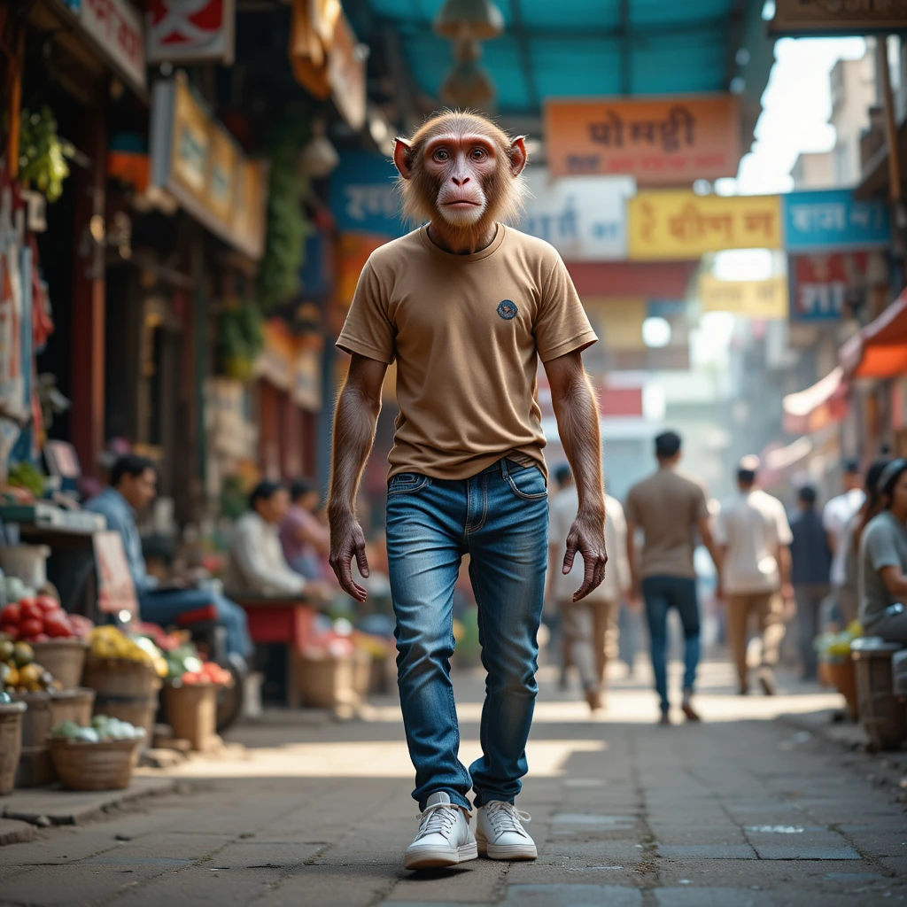 Singe marchant debout dans un marché de rue indien animé