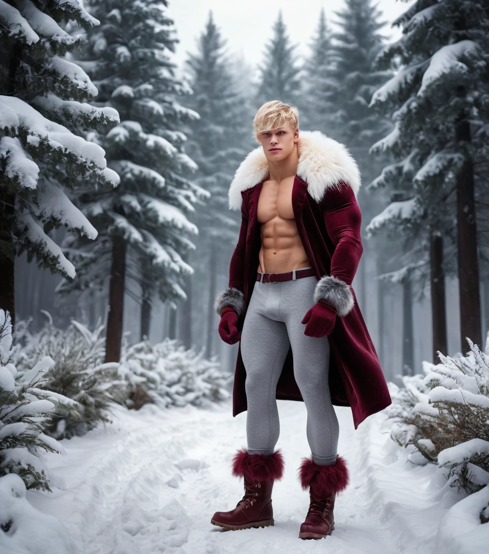 Jeune homme blond marchant dans une forêt d’hiver enneigée