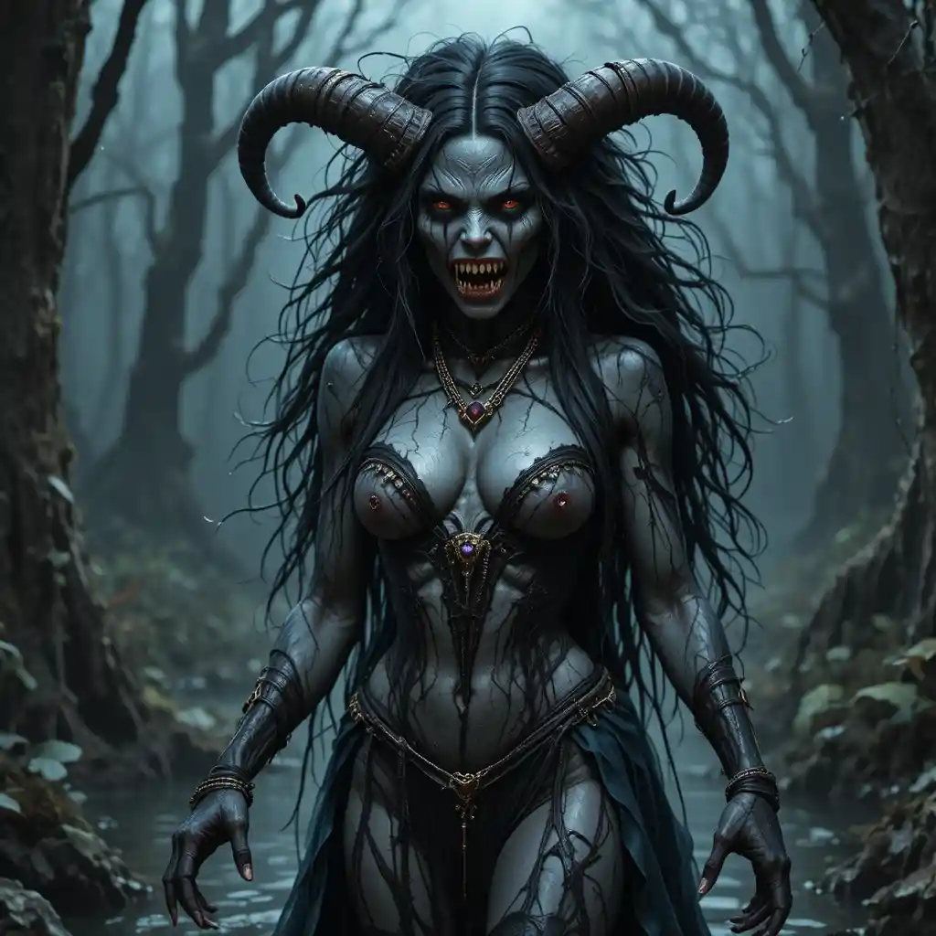 Beautiful night hag standing alone in a misty swamp