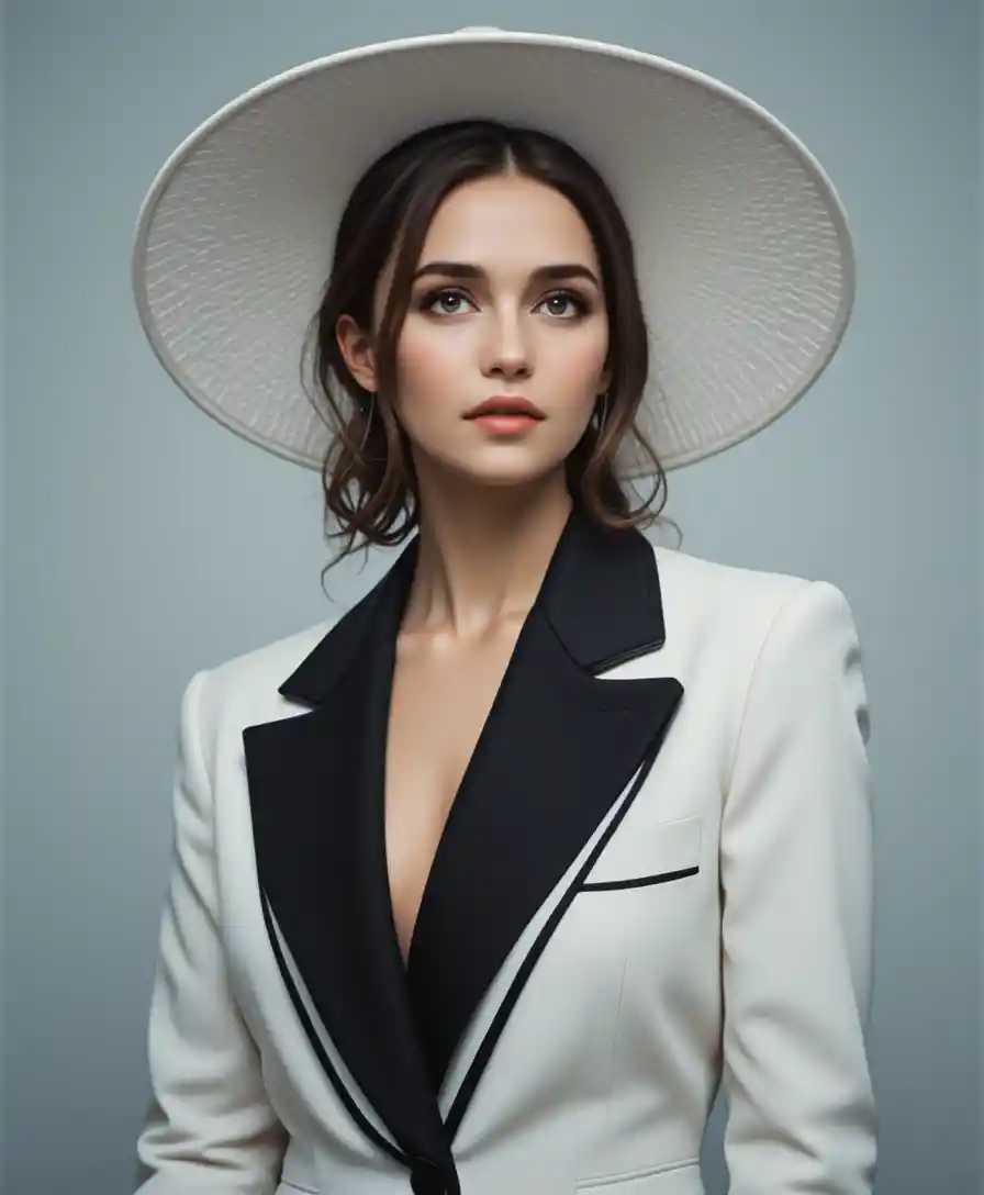 Ritratto di donna elegante in tailleur bianco e cappello a tesa larga