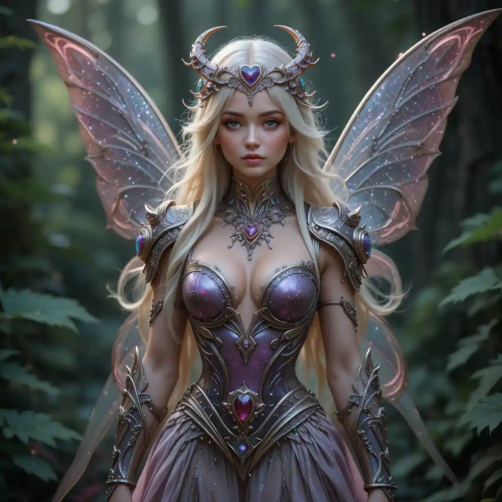 Tiny ruby crowned fairy woman in revealing armor