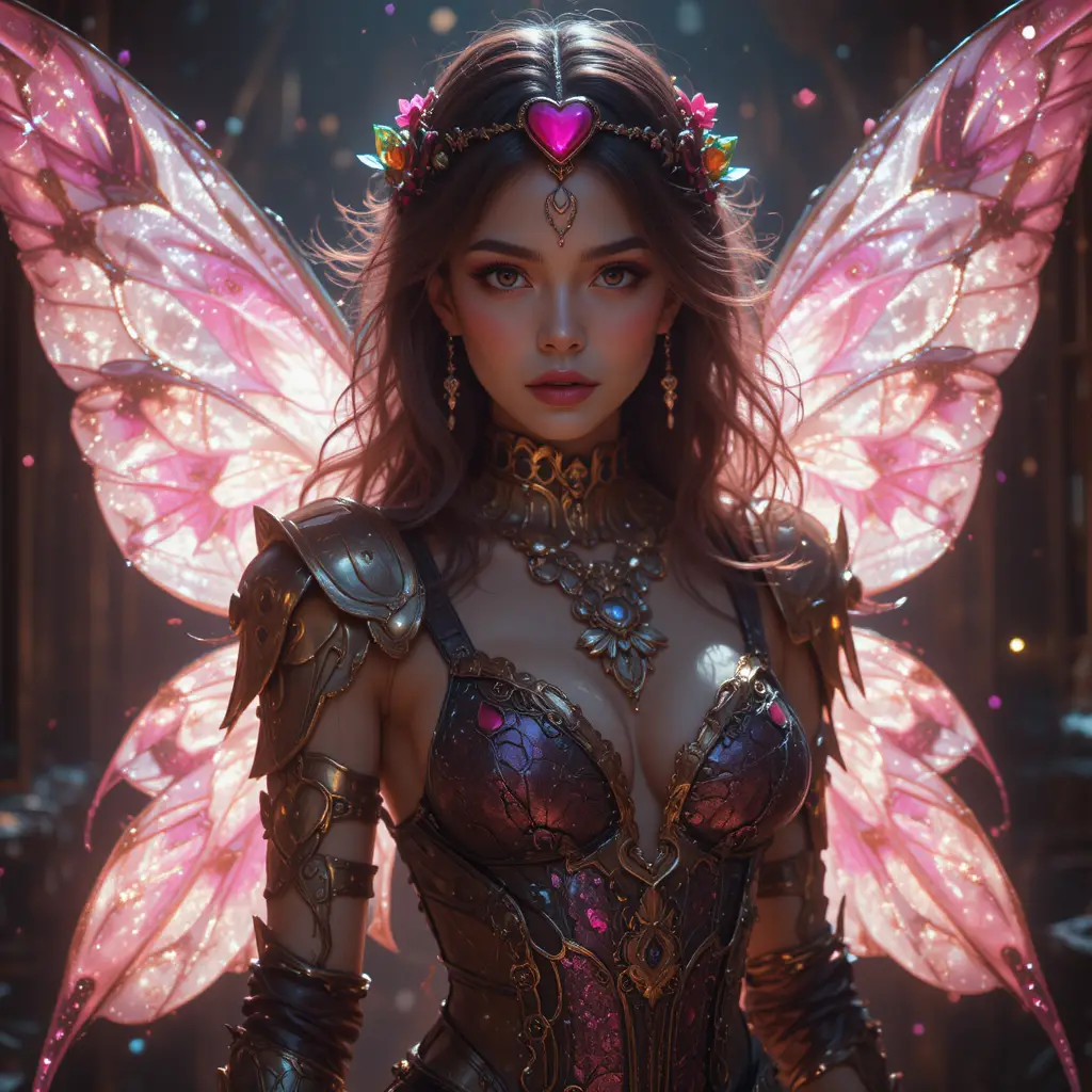 Tiny fairy woman with ruby crest and glittering wings