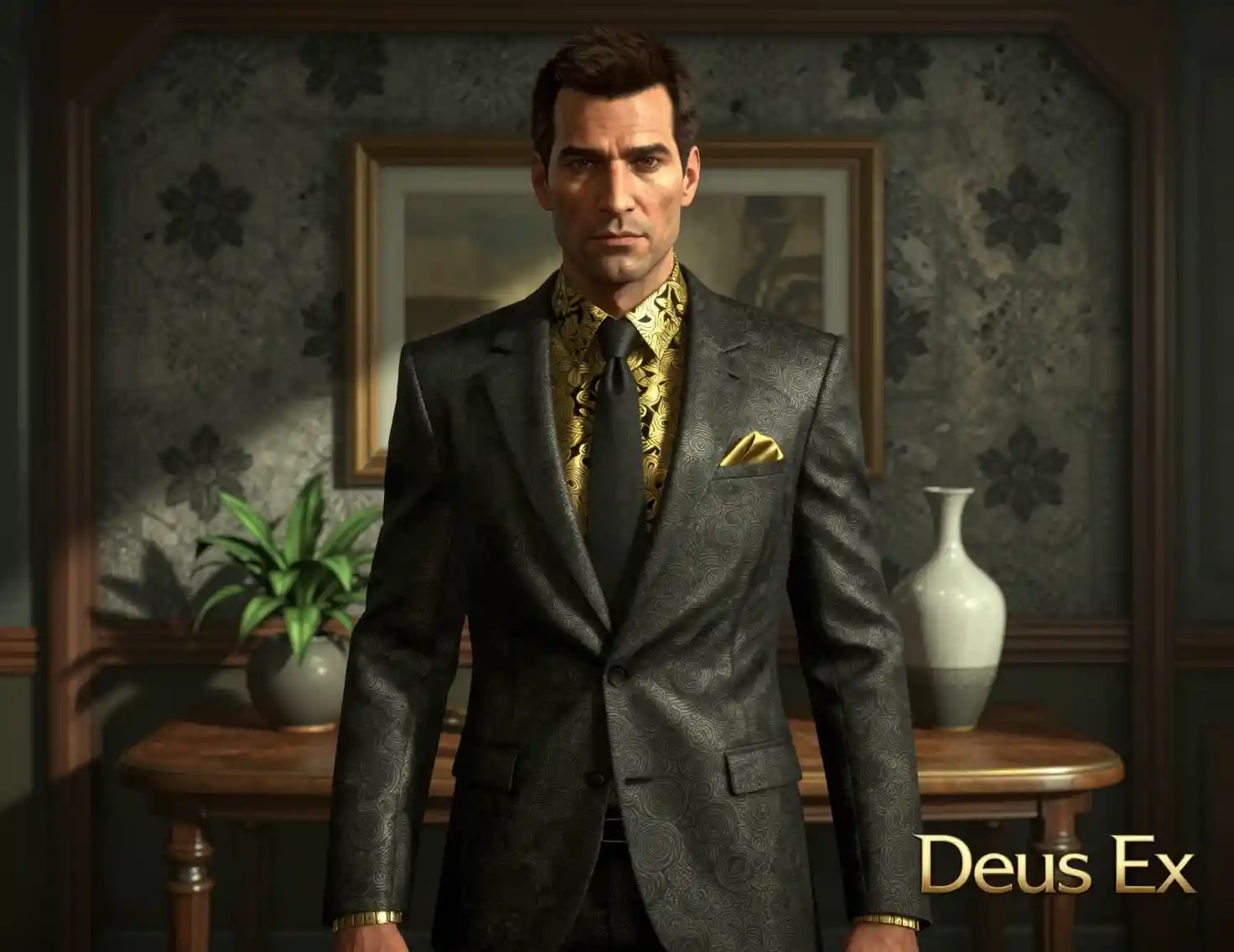 Augmented man in formal suit in futuristic interior