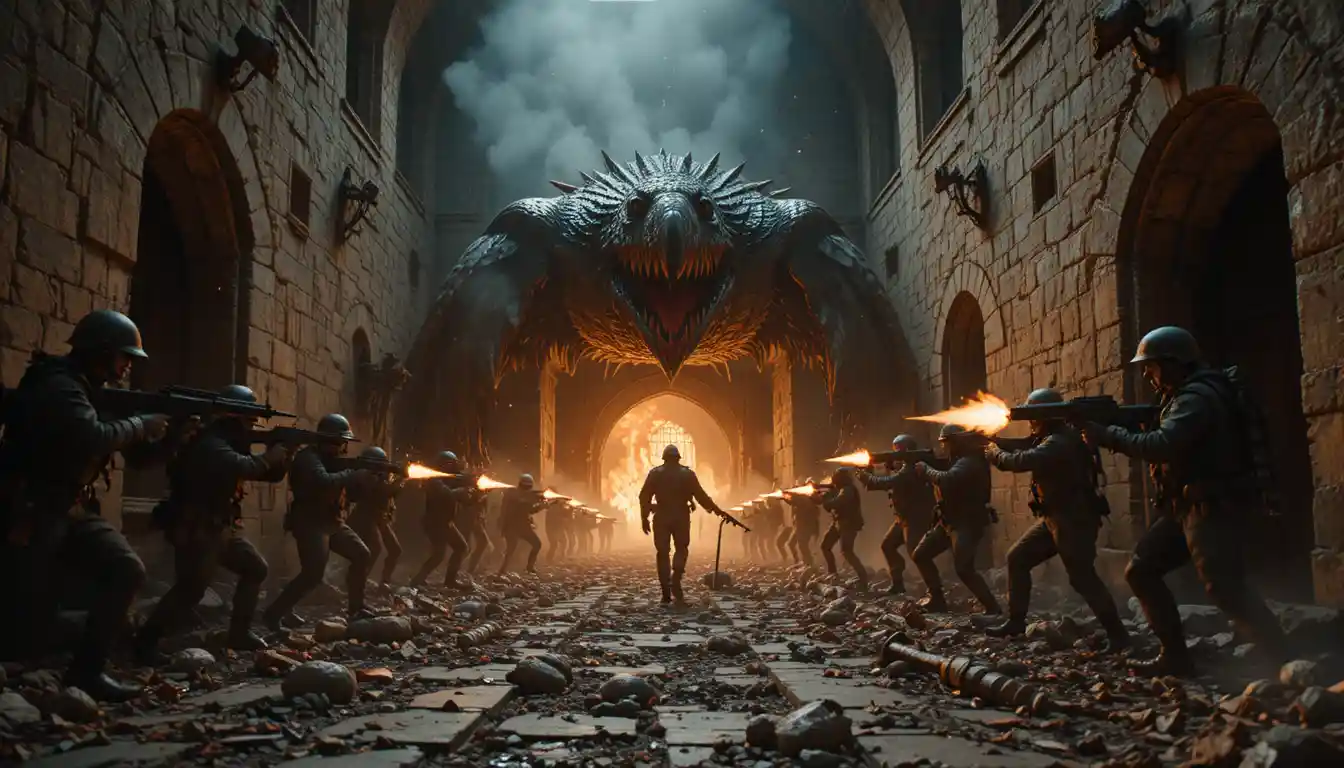 Mercenaries battling mutant birds in a burning castle hall