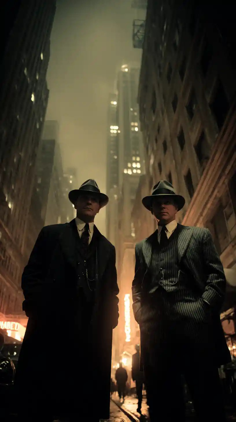 Gangsters And Police In A Dark 1920s City Alley