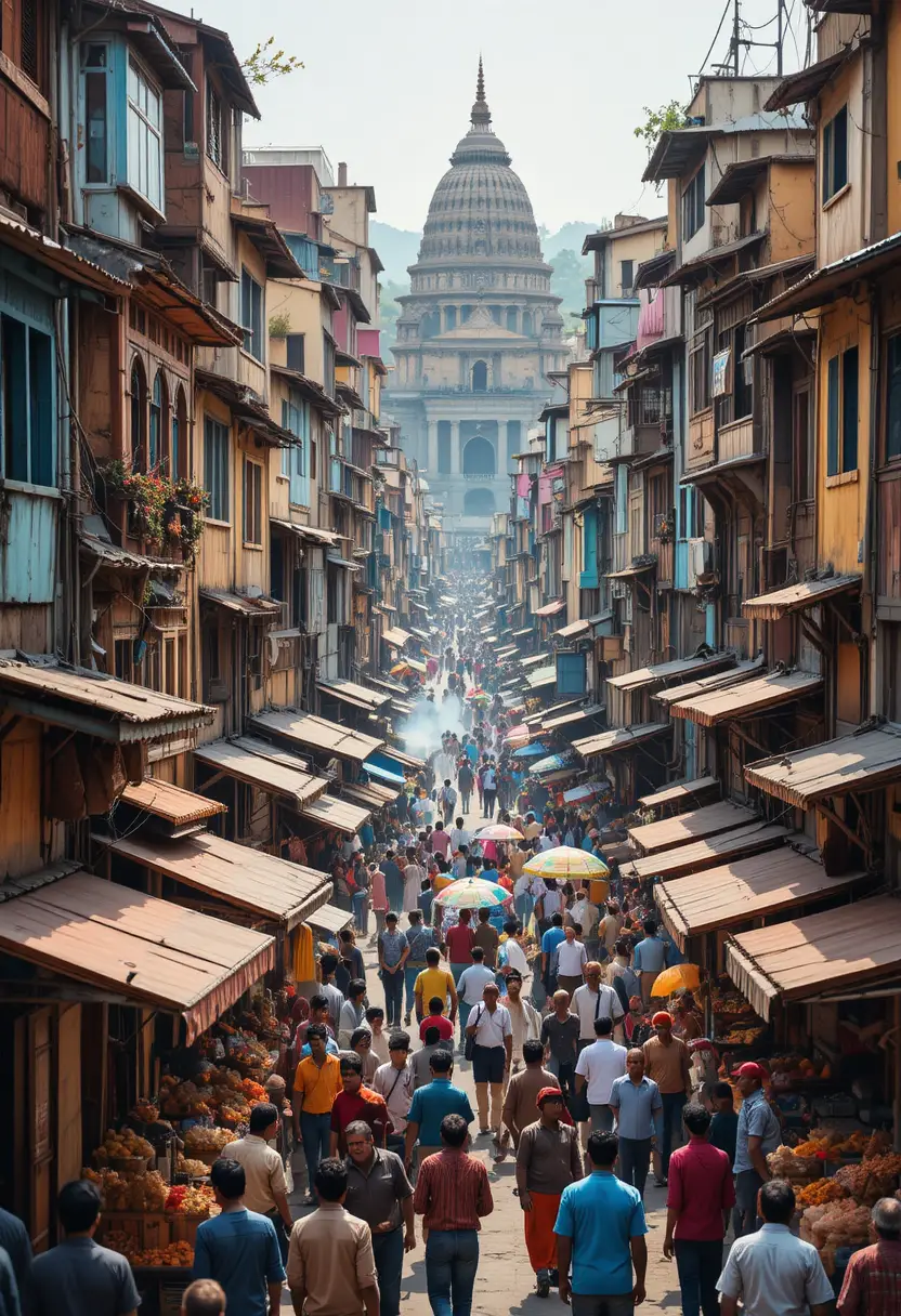 Belebte indische Stadtstraße mit farbenfrohen Gebäuden und Märkten