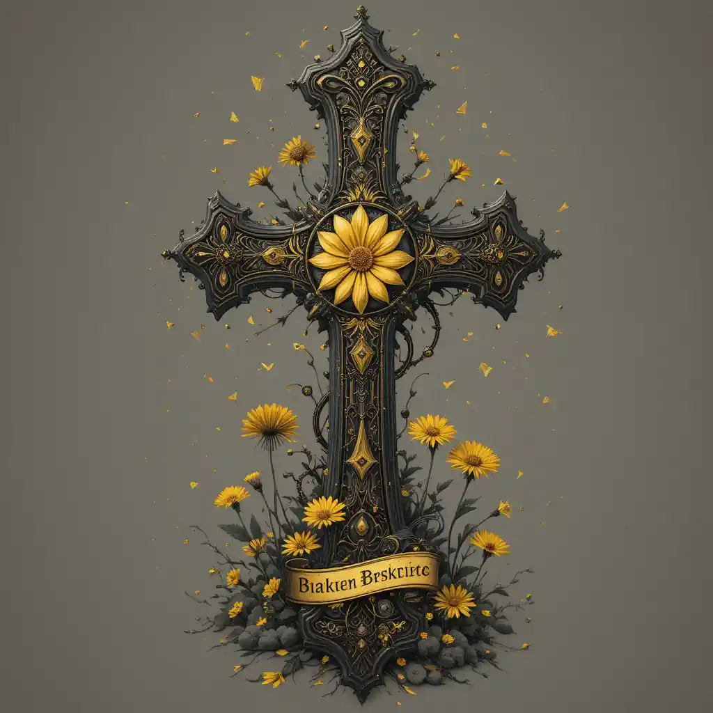 Golden steampunk cross with gears and mystical floral details