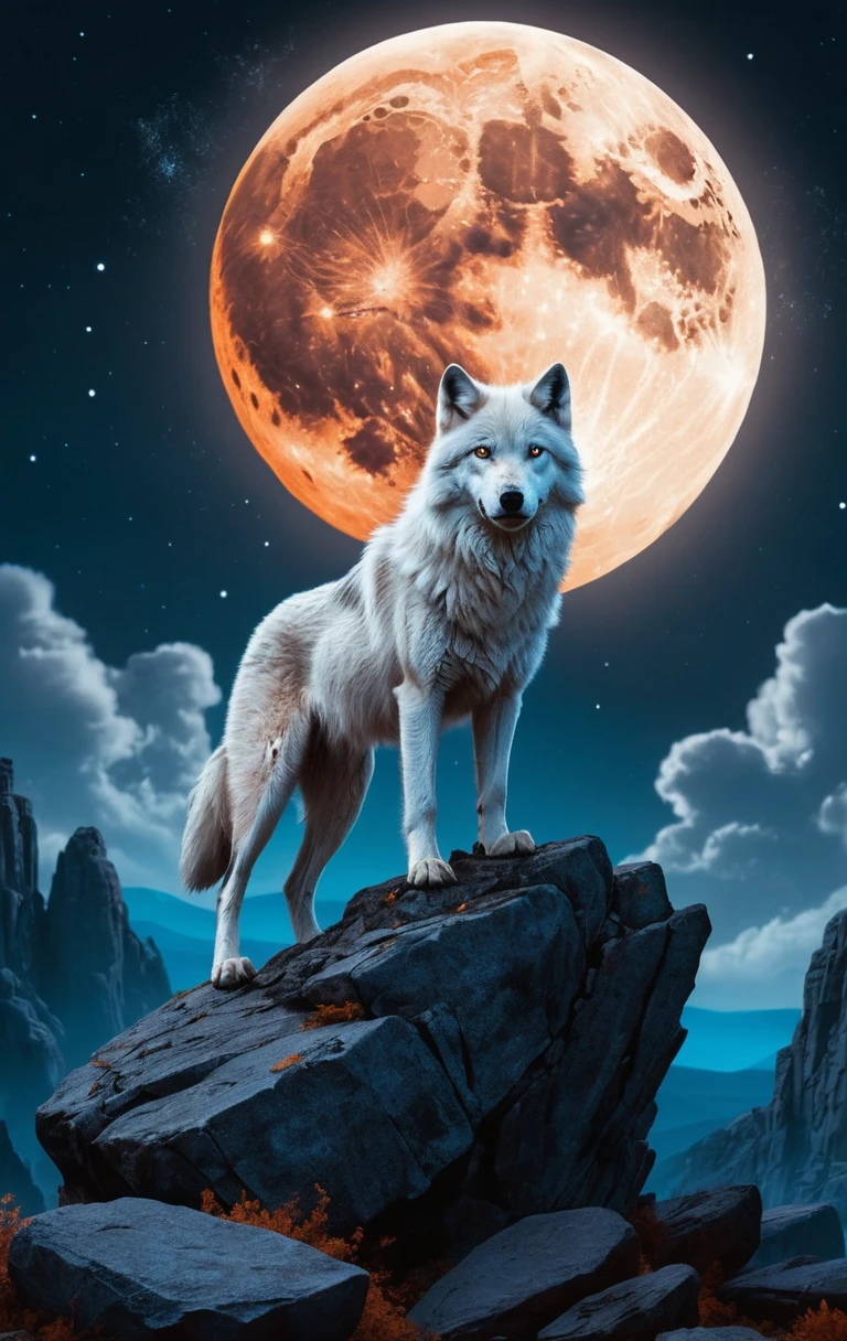 Lobo branco sob uma lua cheia ardente em penhascos rochosos