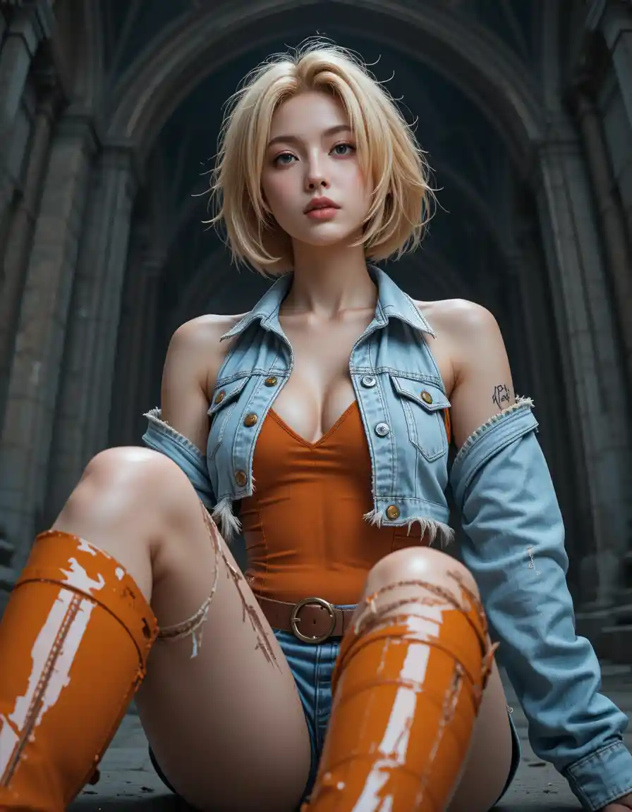 Blonde anime warrior woman in ruins at low angle