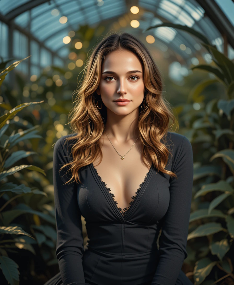 Mulher loira elegante em retrato de moda em uma estufa serena