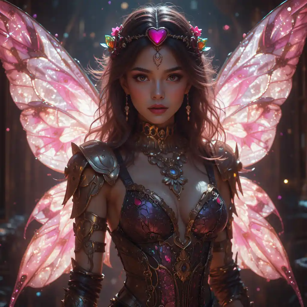 Tiny fairy woman with ruby crest and glittering wings