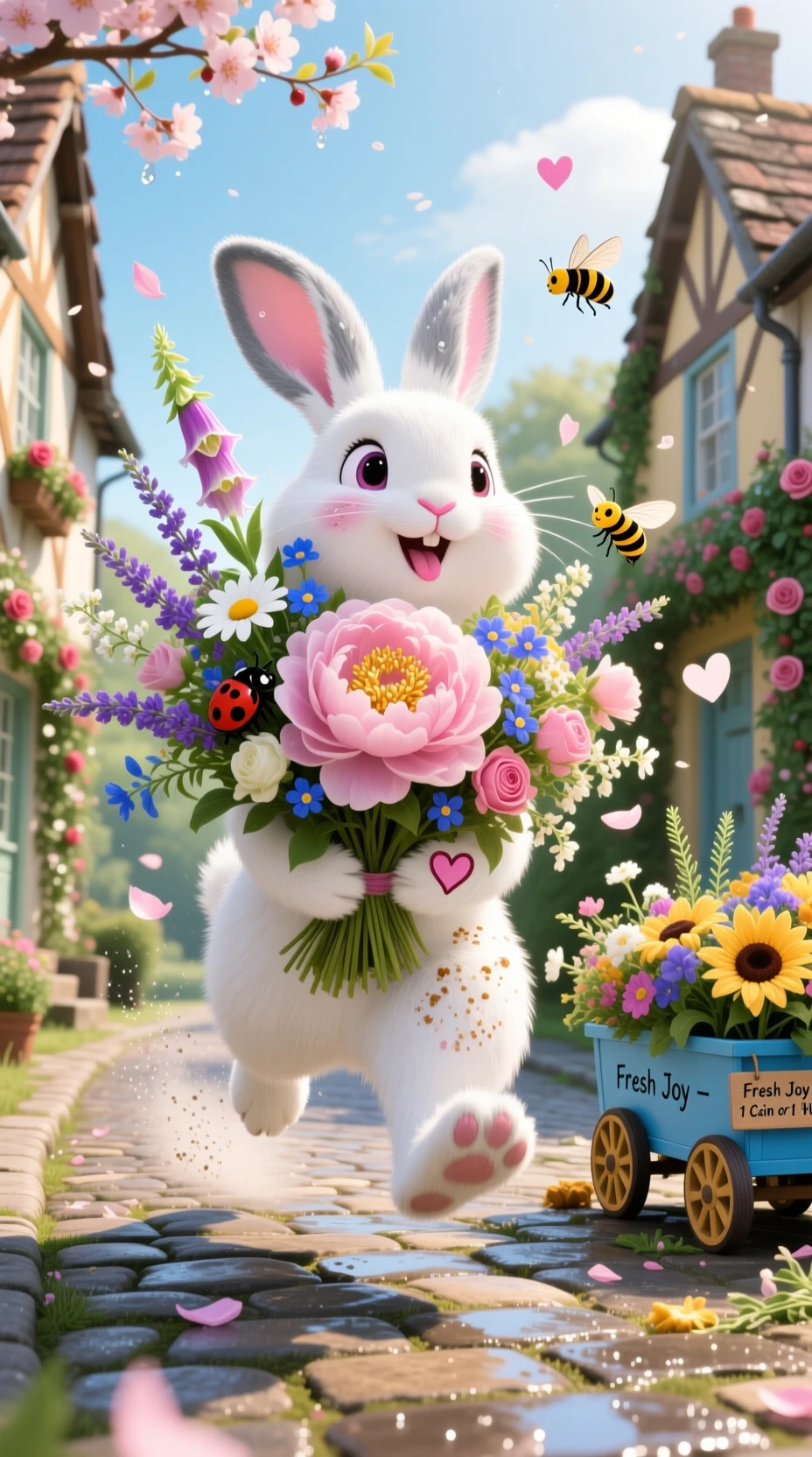 Conejo blanco corriendo con un enorme ramo de flores