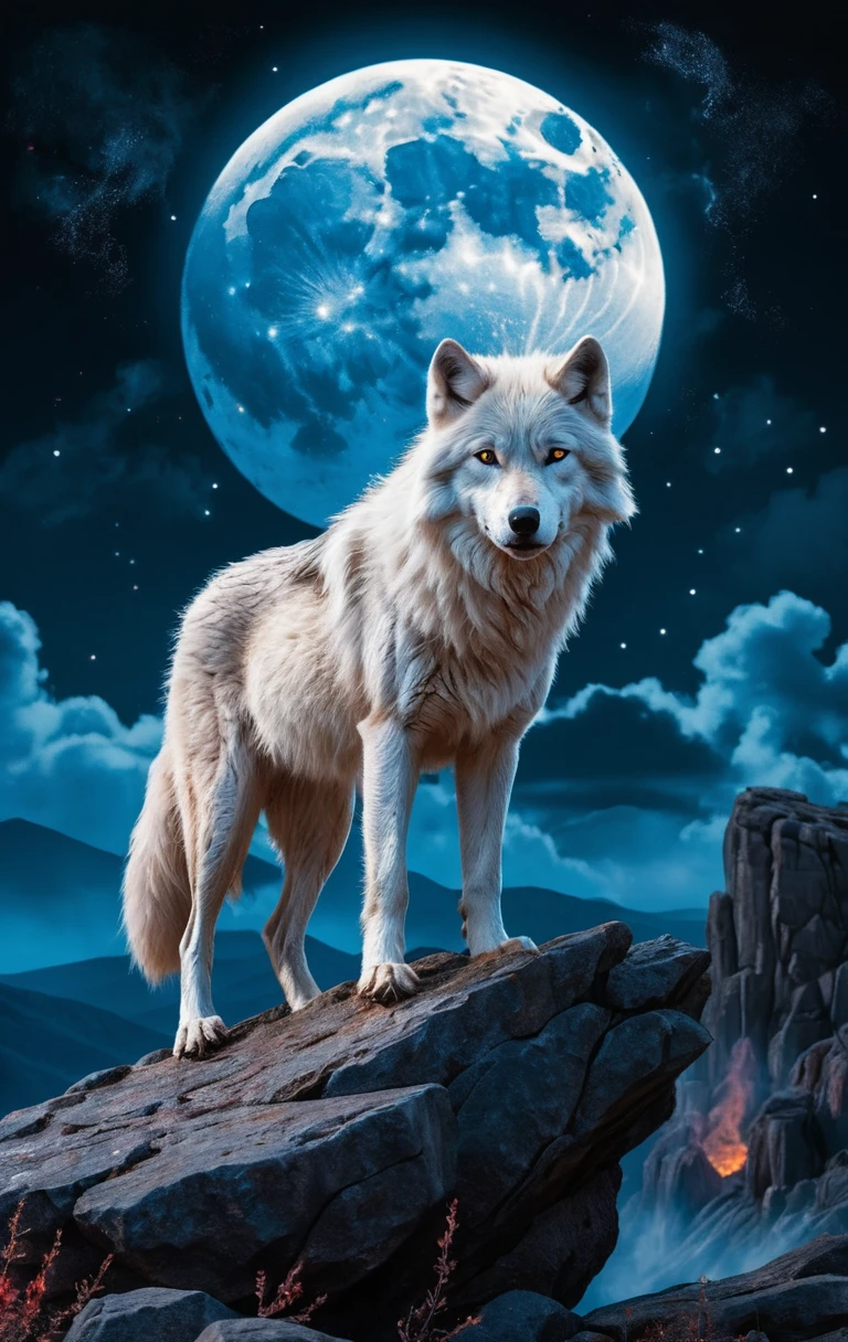 Lobo branco sob uma lua cheia ardente em falésias rochosas