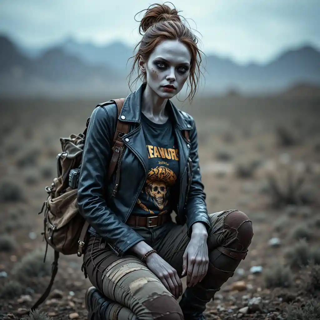 Ghoul woman kneeling in a deserted post apocalyptic wasteland