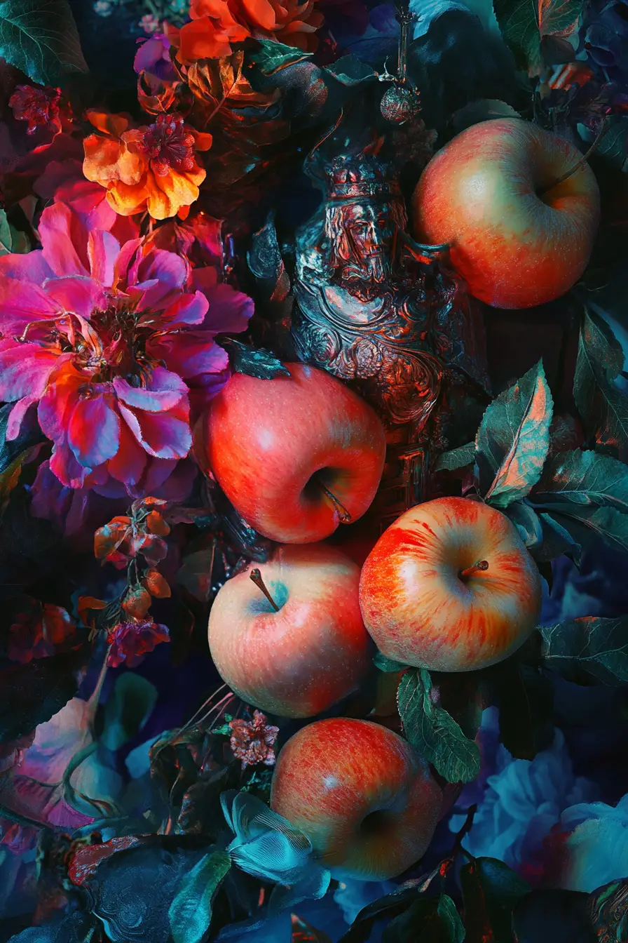 蘋果與華麗交織的抽象巴洛克地獄幻象