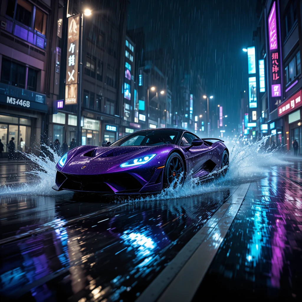 紫色跑車疾駛穿越潮濕的未來城市夜景