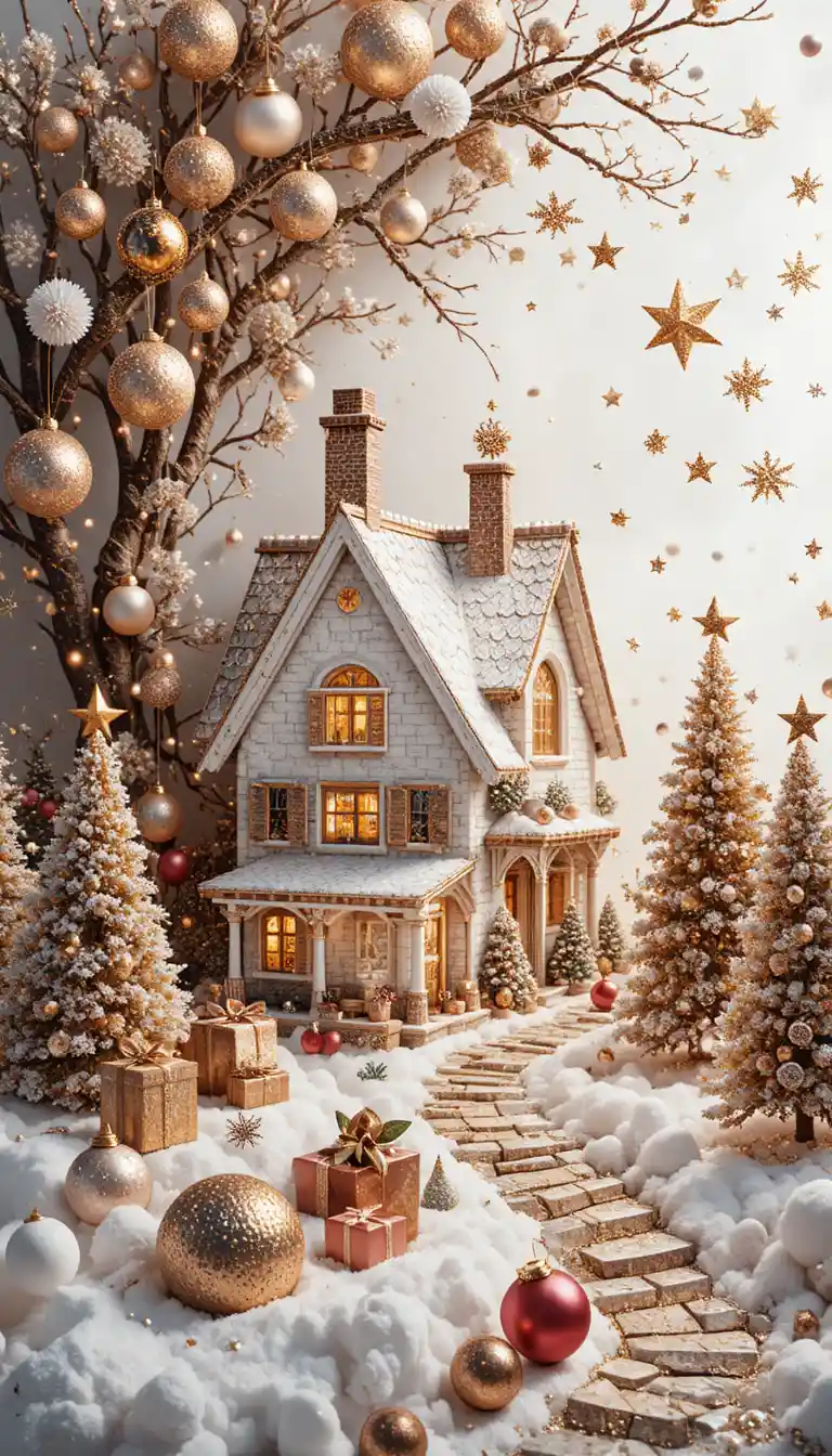Minimalistisches weißes Holiday-Stillleben mit glitzernden Dekorationen