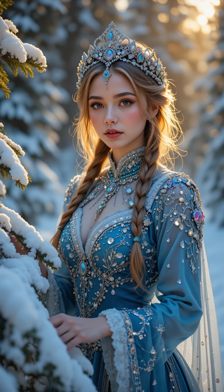 Schneemädchen in blauem Pelzmantel berührt verschneiten Zweig