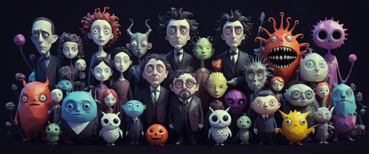 Colorato mondo fantasy low poly con strani personaggi