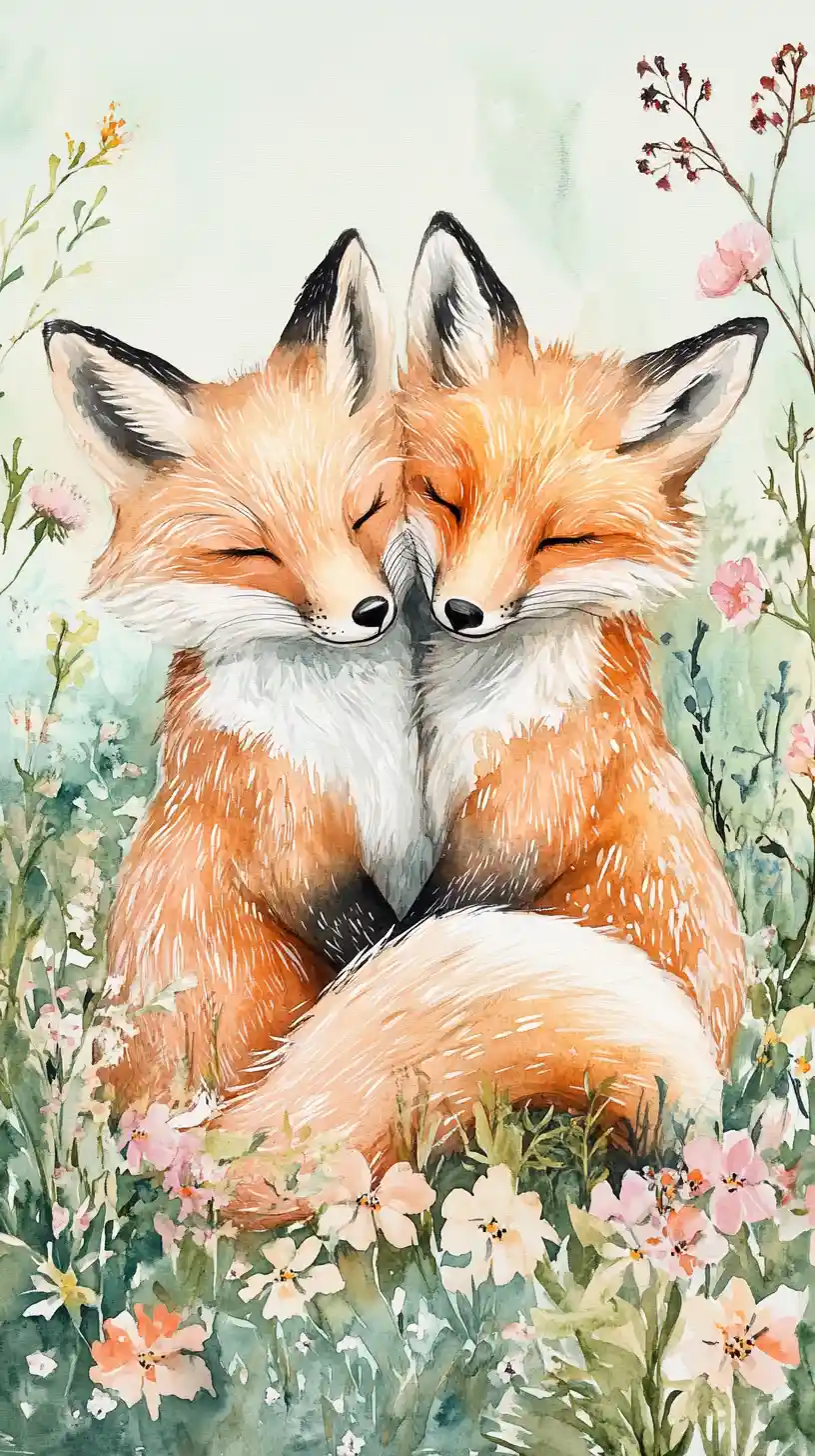 Two foxes cuddling in a whimsical watercolor flower field