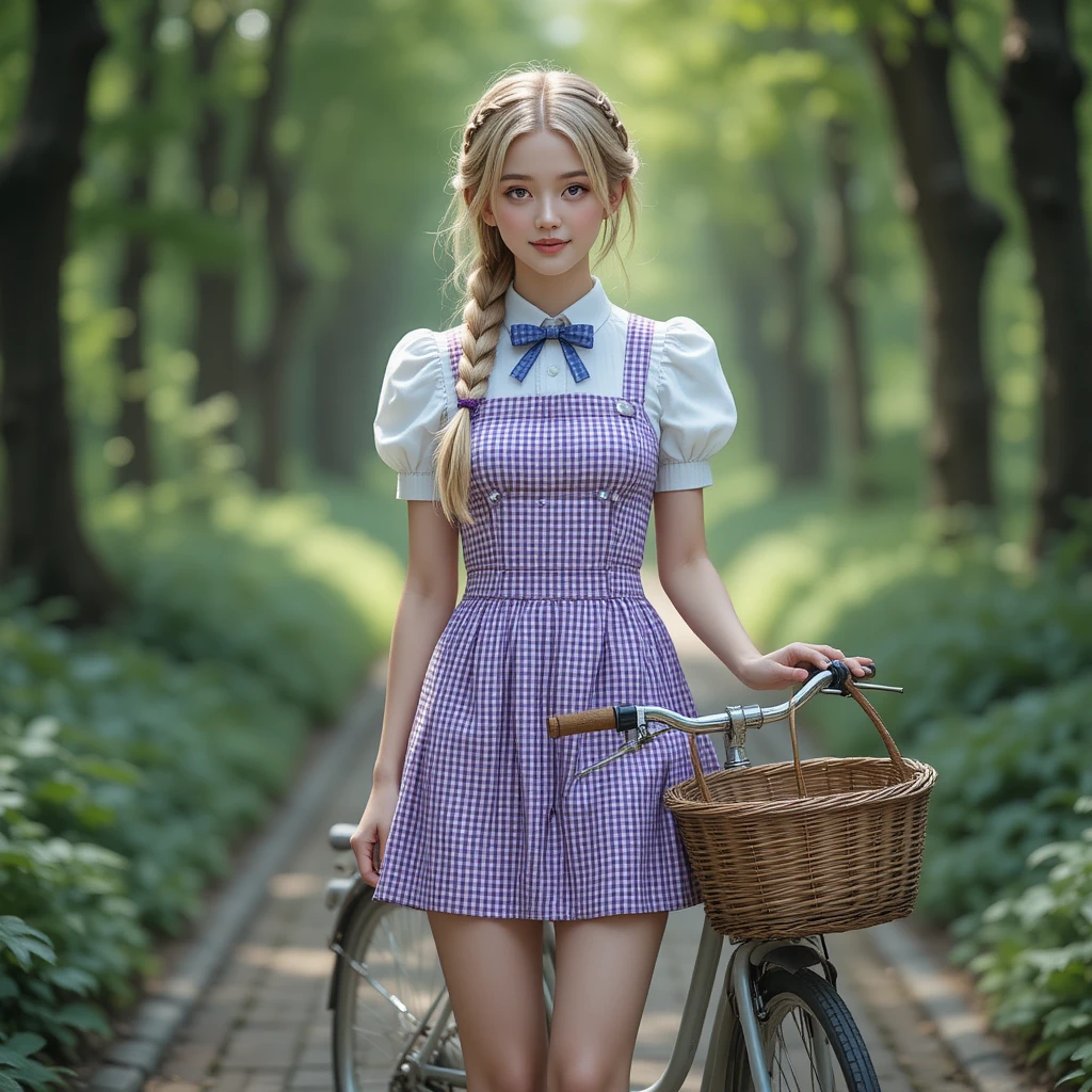 보라색 깅엄 원피스를 입은 소녀가 숲 속 벽돌 길에 서 있는 모습