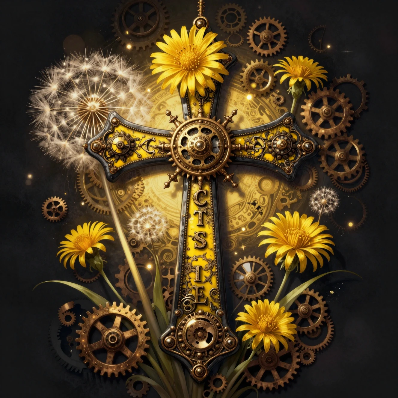 Cruz steampunk dourada com engrenagens e ornamentos florais