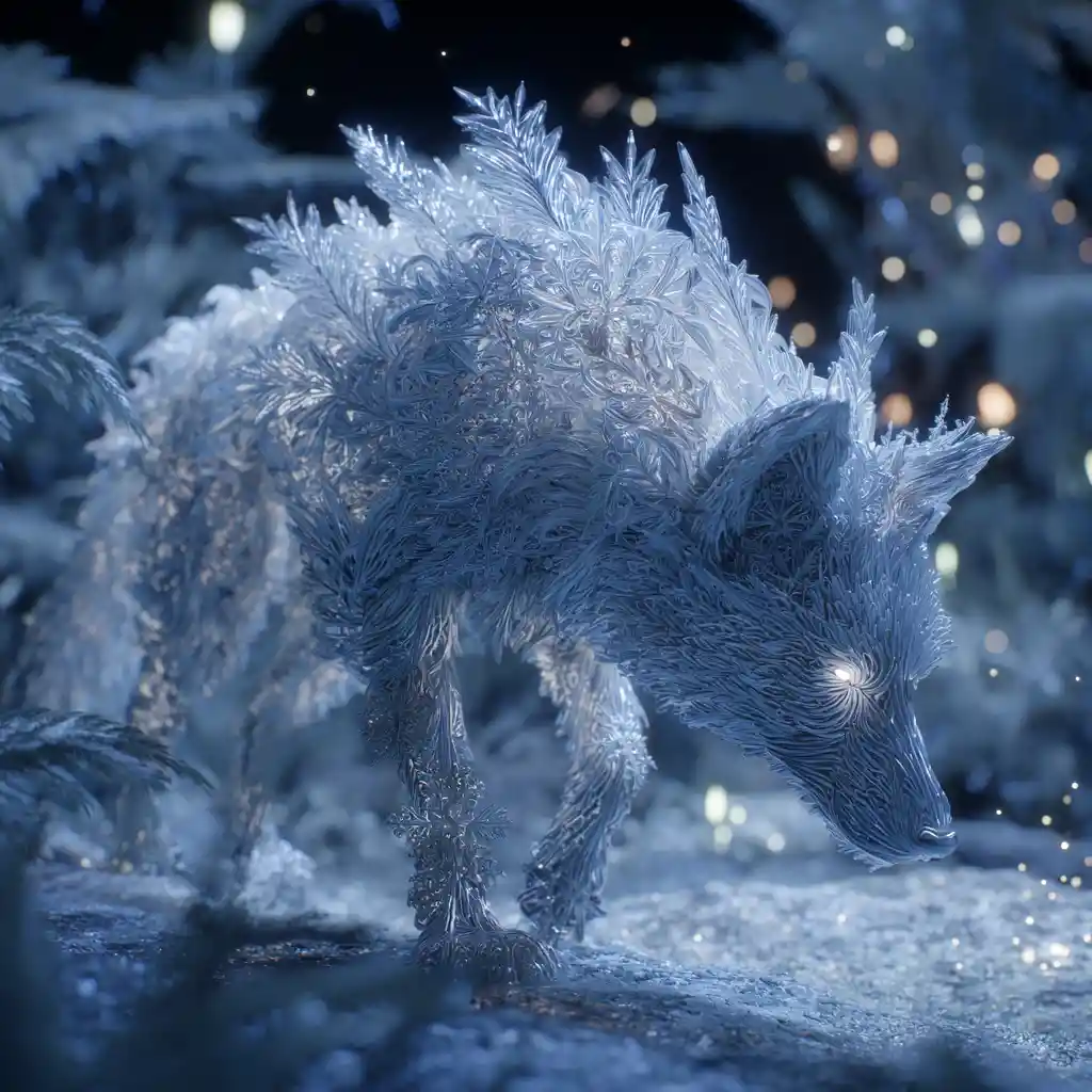 Crystalline Snowflake Wolf Stalking A Frozen Bioluminescent Tundra