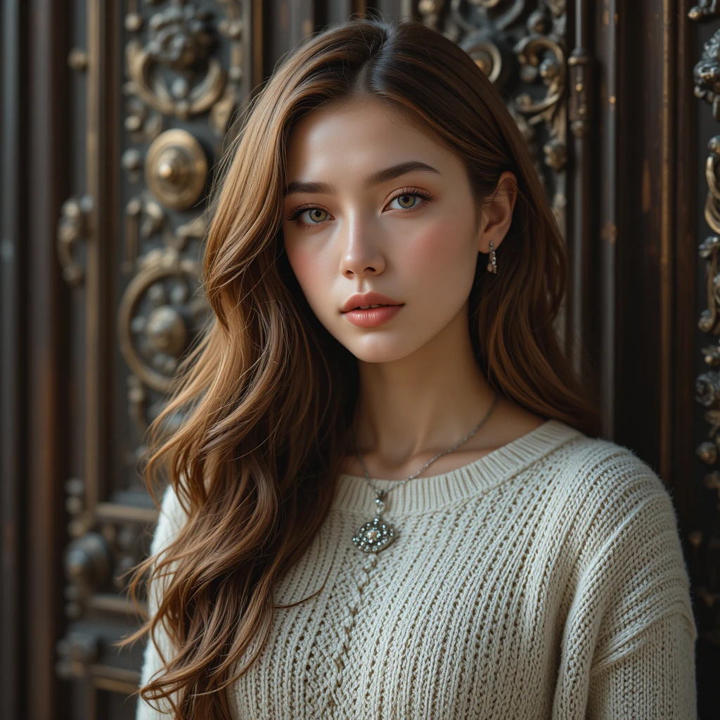 Young woman portrait with ornate antique wooden door background