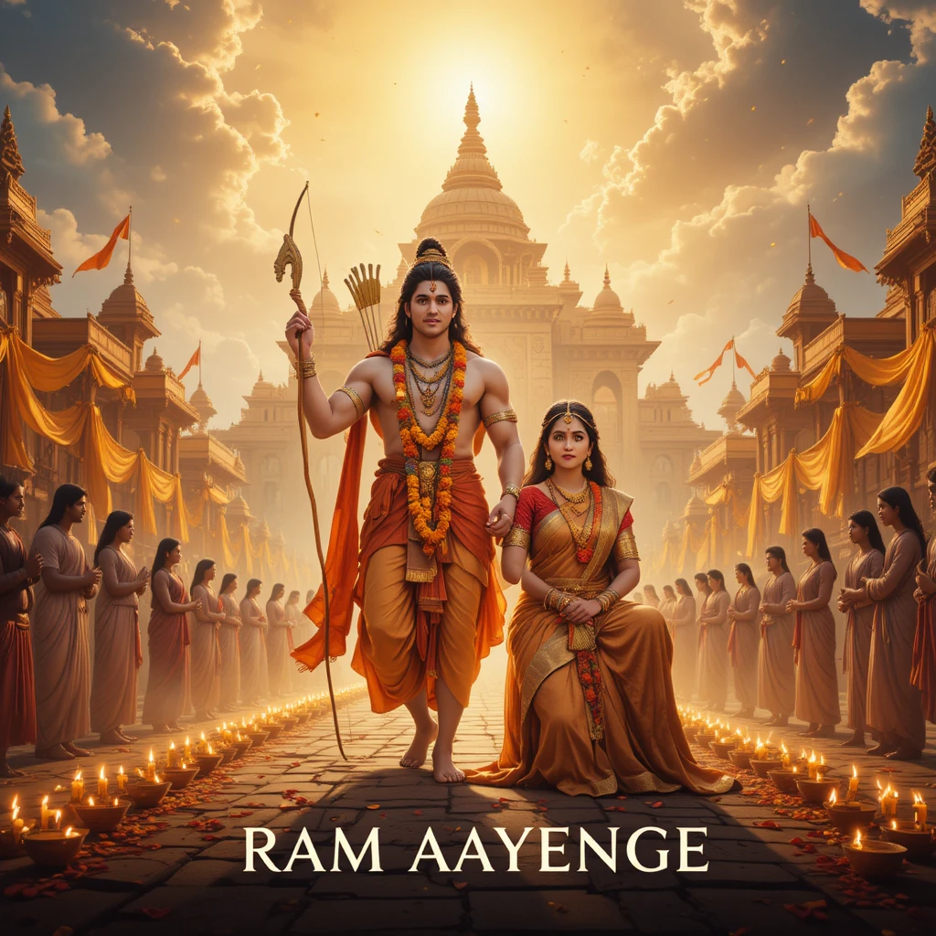 Casal divino entrando em uma rua de Ayodhya iluminada por diyas