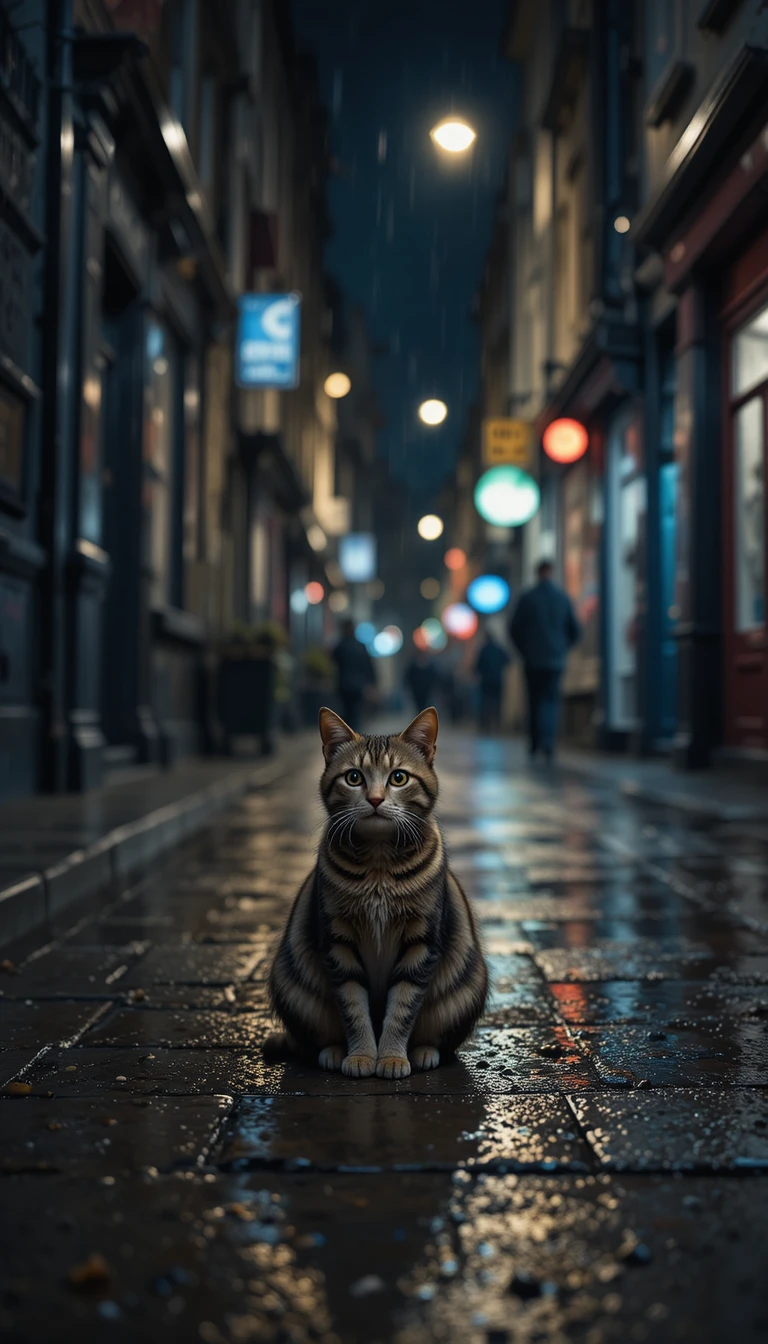 Einsame streunende Katze in einer regnerischen Londoner Gasse bei Nacht