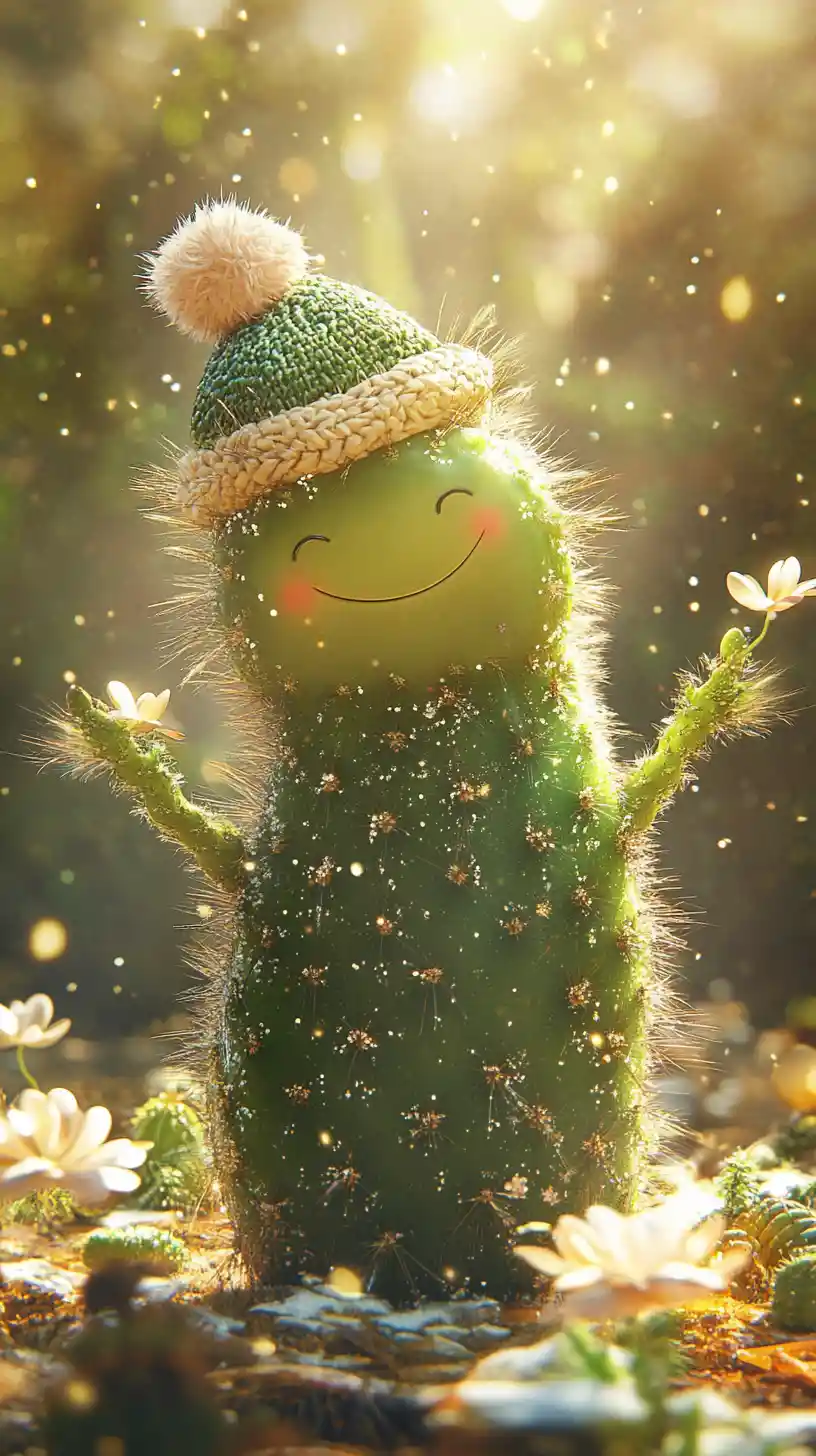Playful green cactus smiling in a winter mountain forest