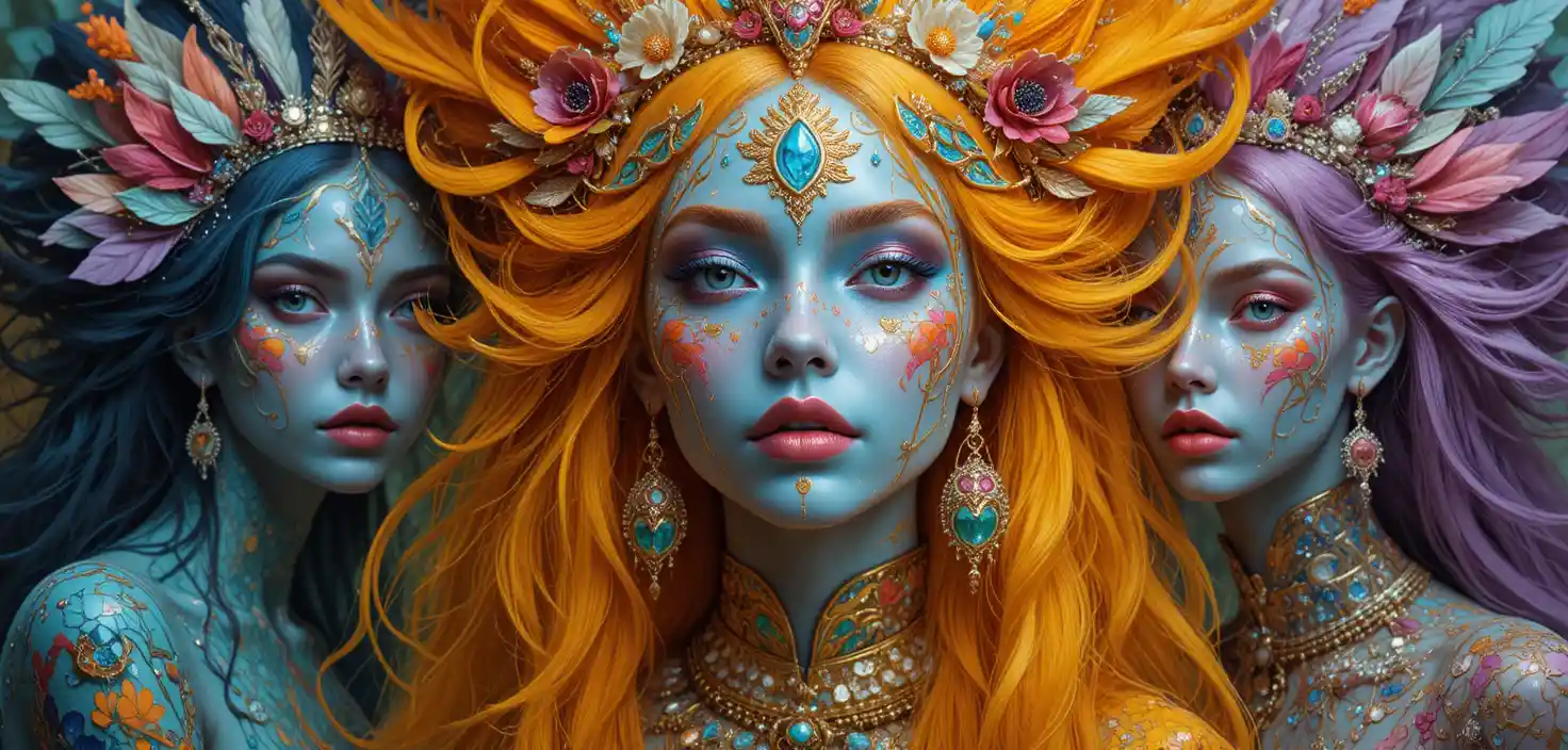 Whimsical fantasy woman in vibrant graphic illustration