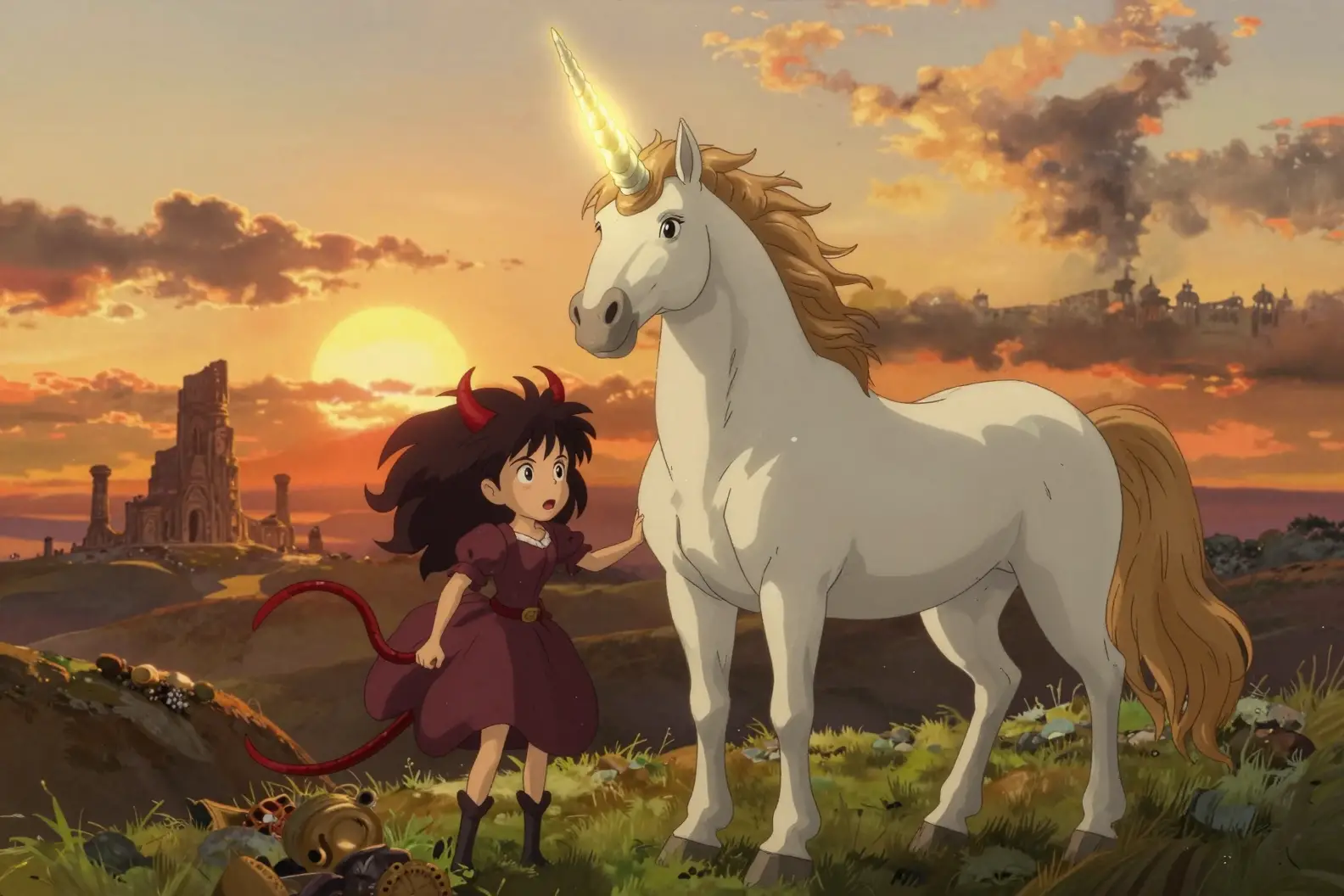 Licorne protégeant une femme rebelle dans des ruines au coucher du soleil