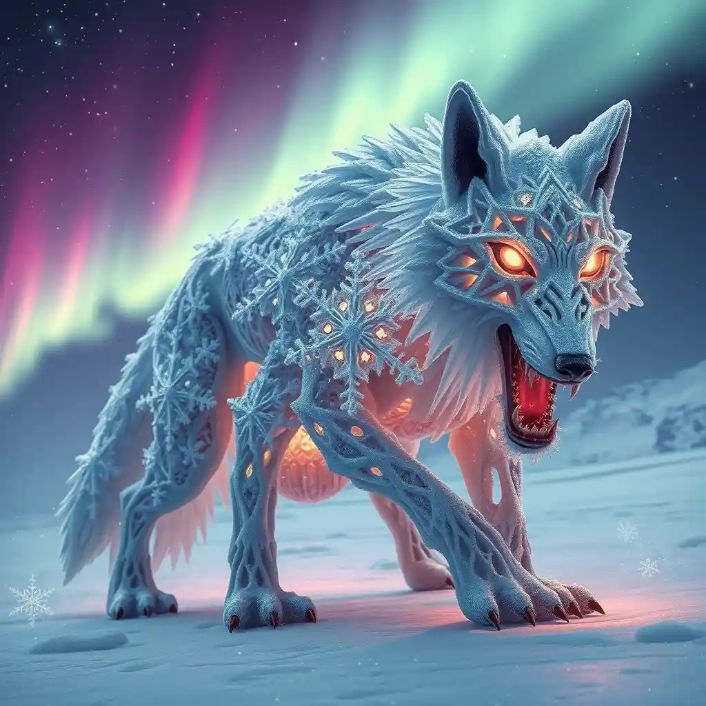 Crystalline Snowflake Wolf Stalking A Frozen Bioluminescent Tundra