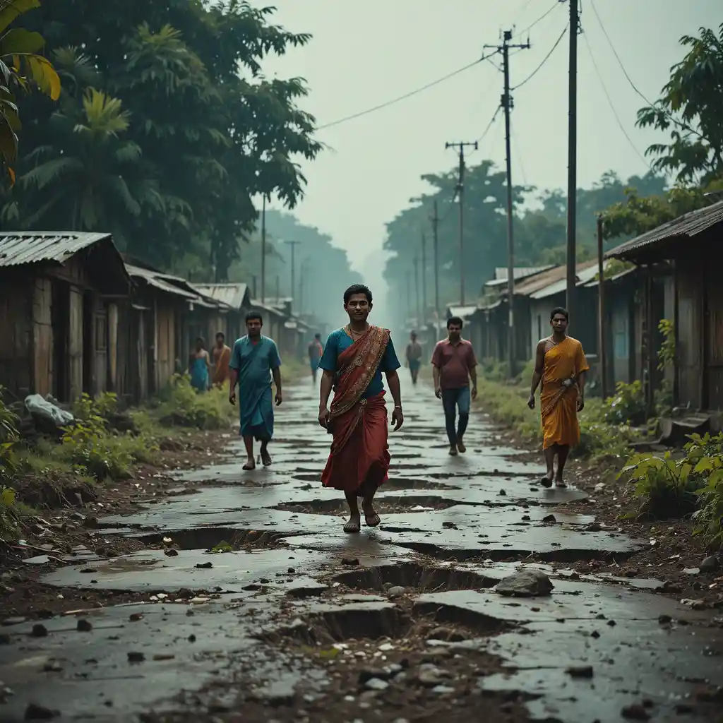 Villageois marchant sur une route abîmée dans l’Inde rurale
