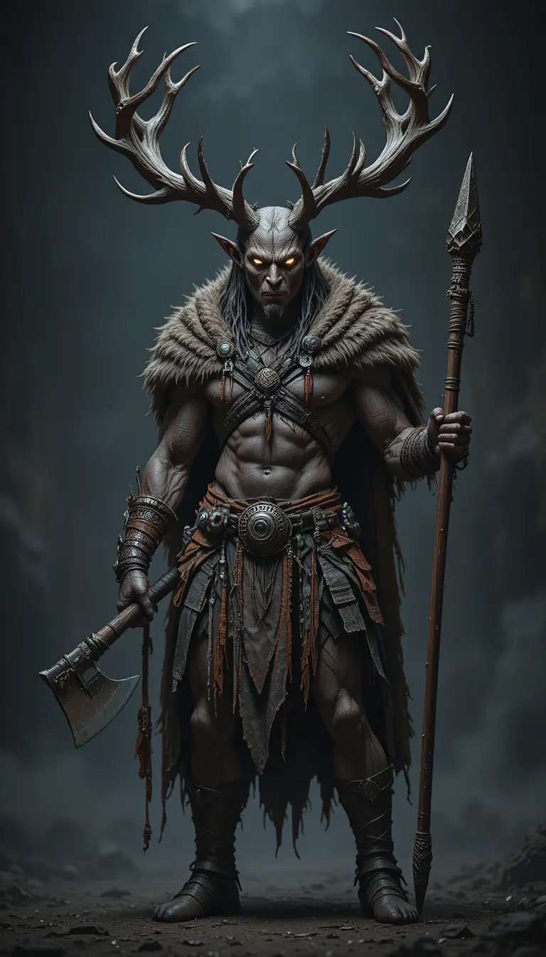 Stag headed warrior with glowing eyes in dark cloak