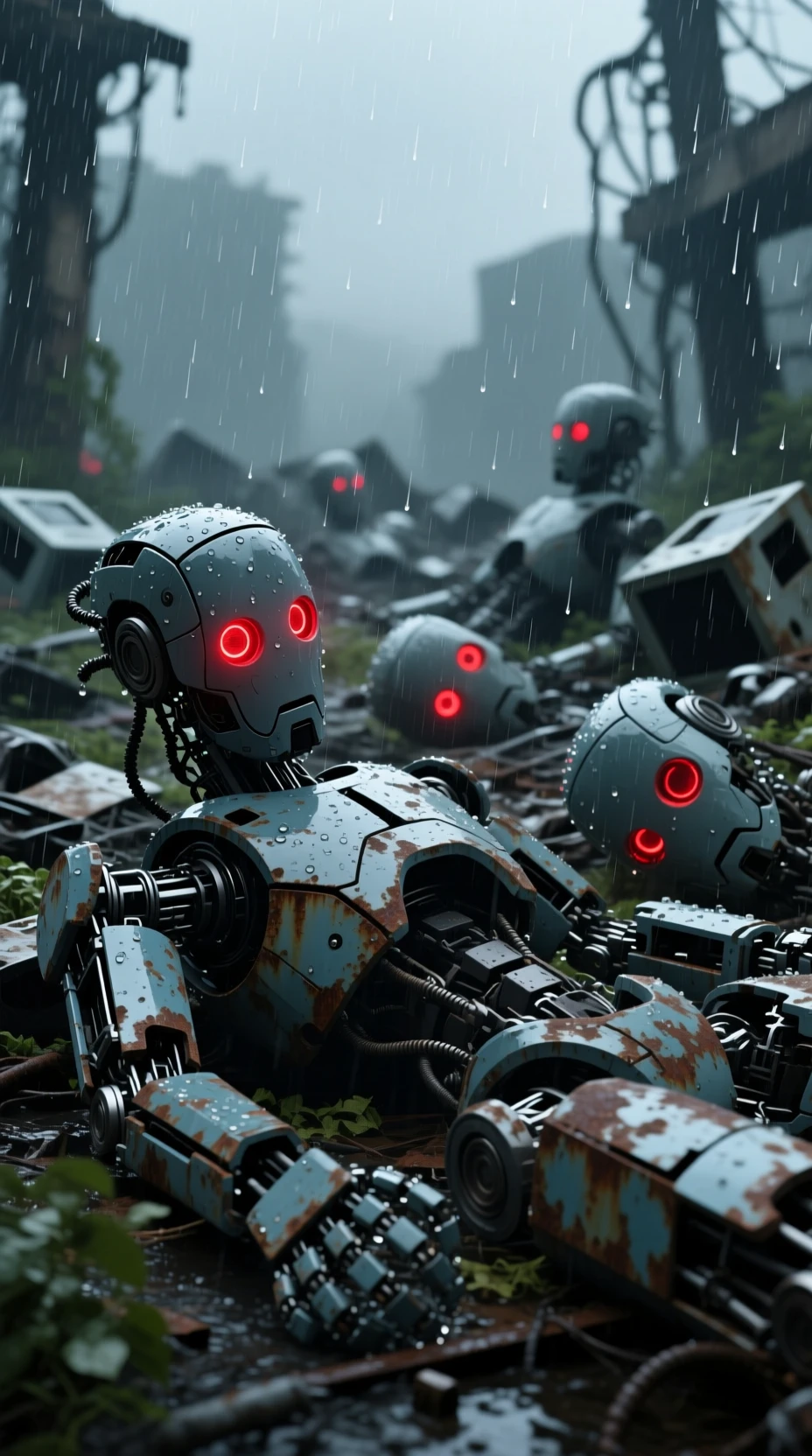 Cimetière de robots sous une sombre pluie dystopique