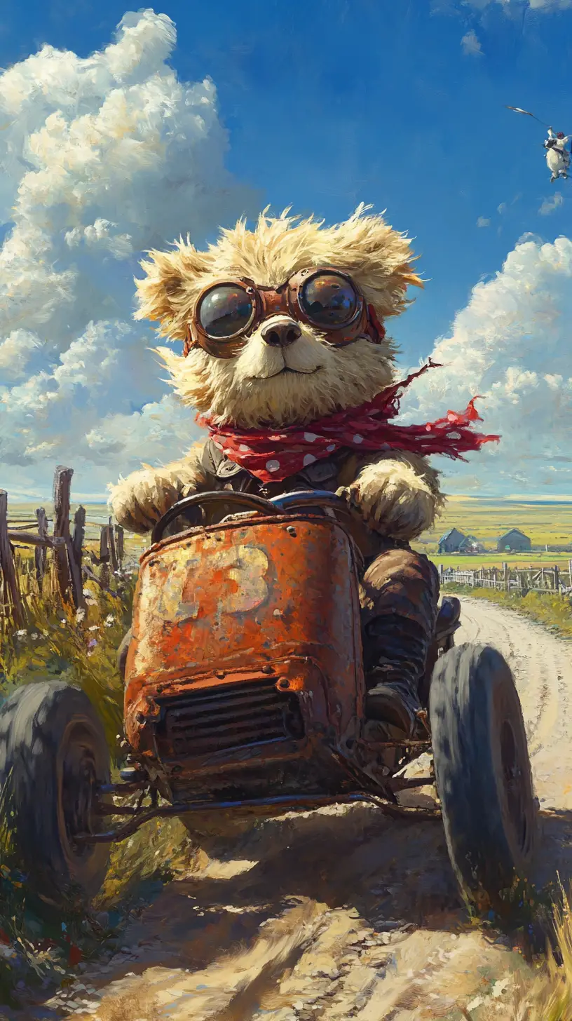 Oso de peluche conduciendo un coche steampunk por un camino rural soleado
