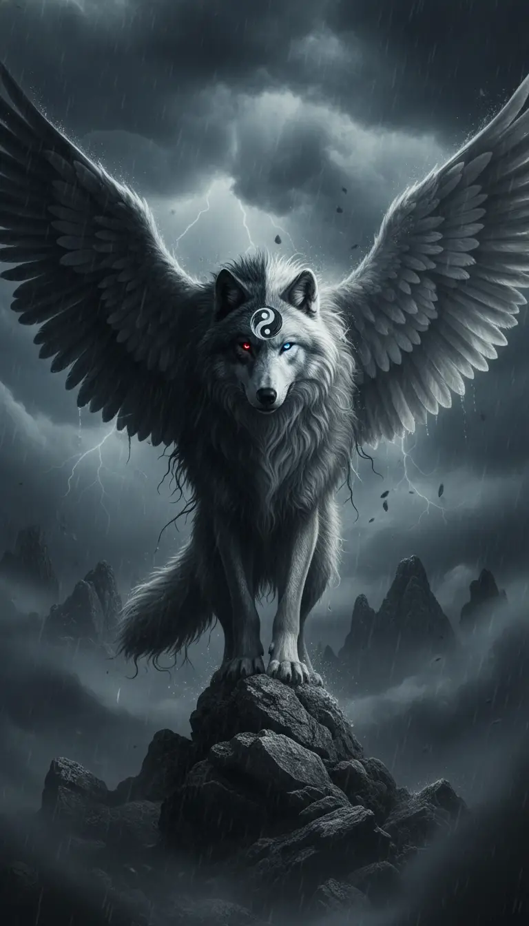 Loup yin yang ailé d’ange au sommet d’une montagne orageuse