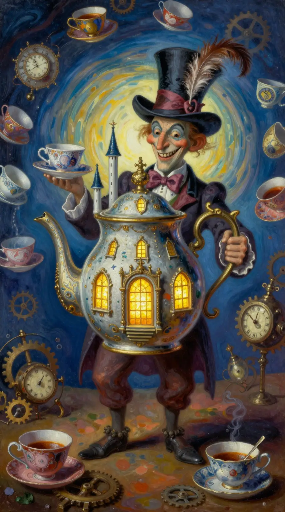 奇幻帽匠手捧的超現實城堡茶壺