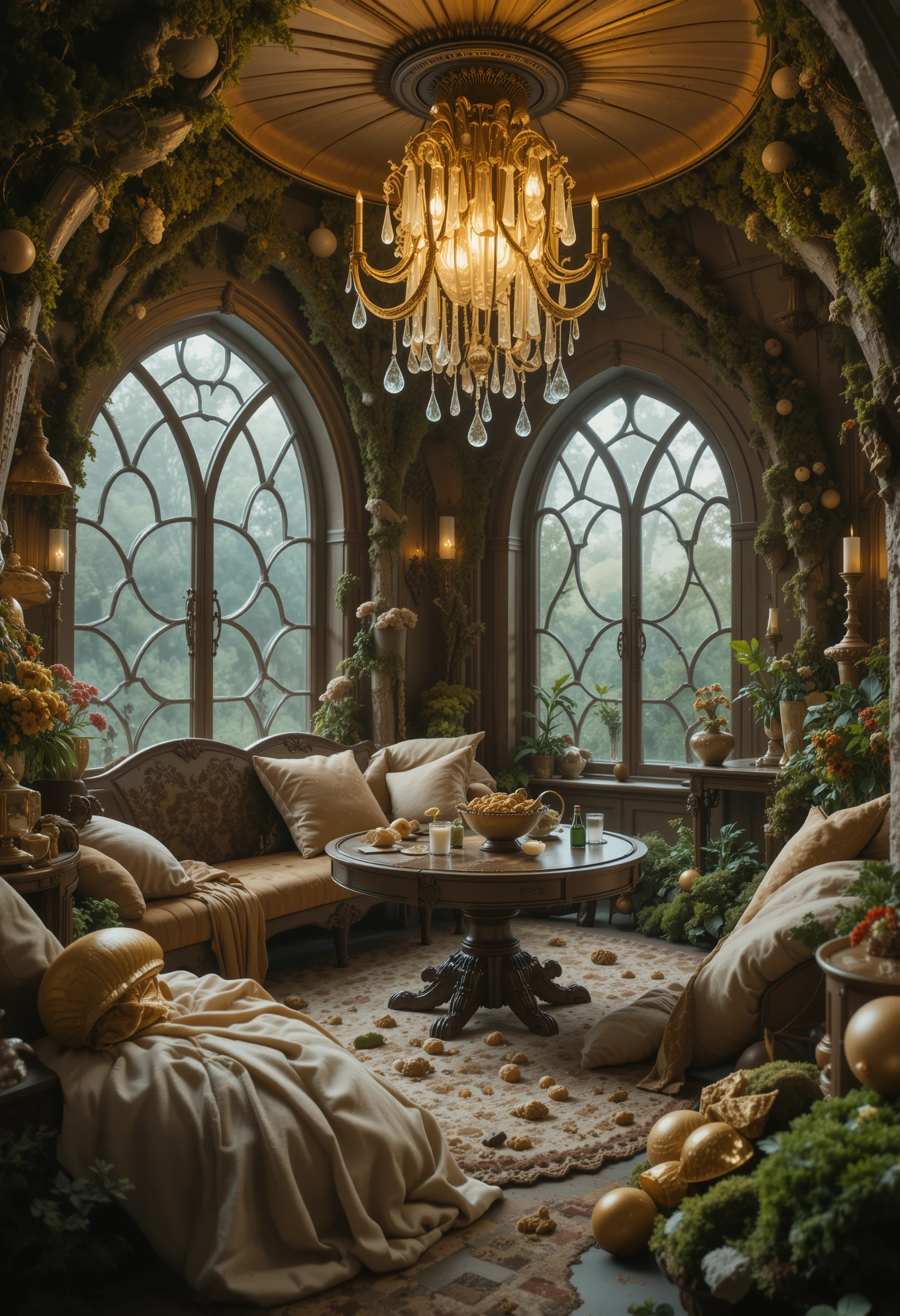 Interior Encantado de Casa Cogumelo com Decoração de Caracol Dourado