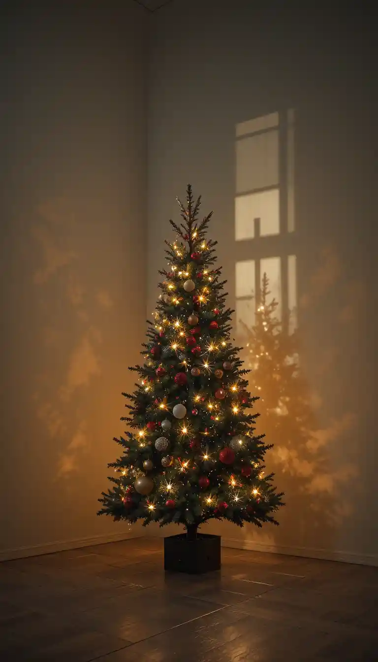 Sapin de Noël projetant une ombre en croix dans une lumière chaude