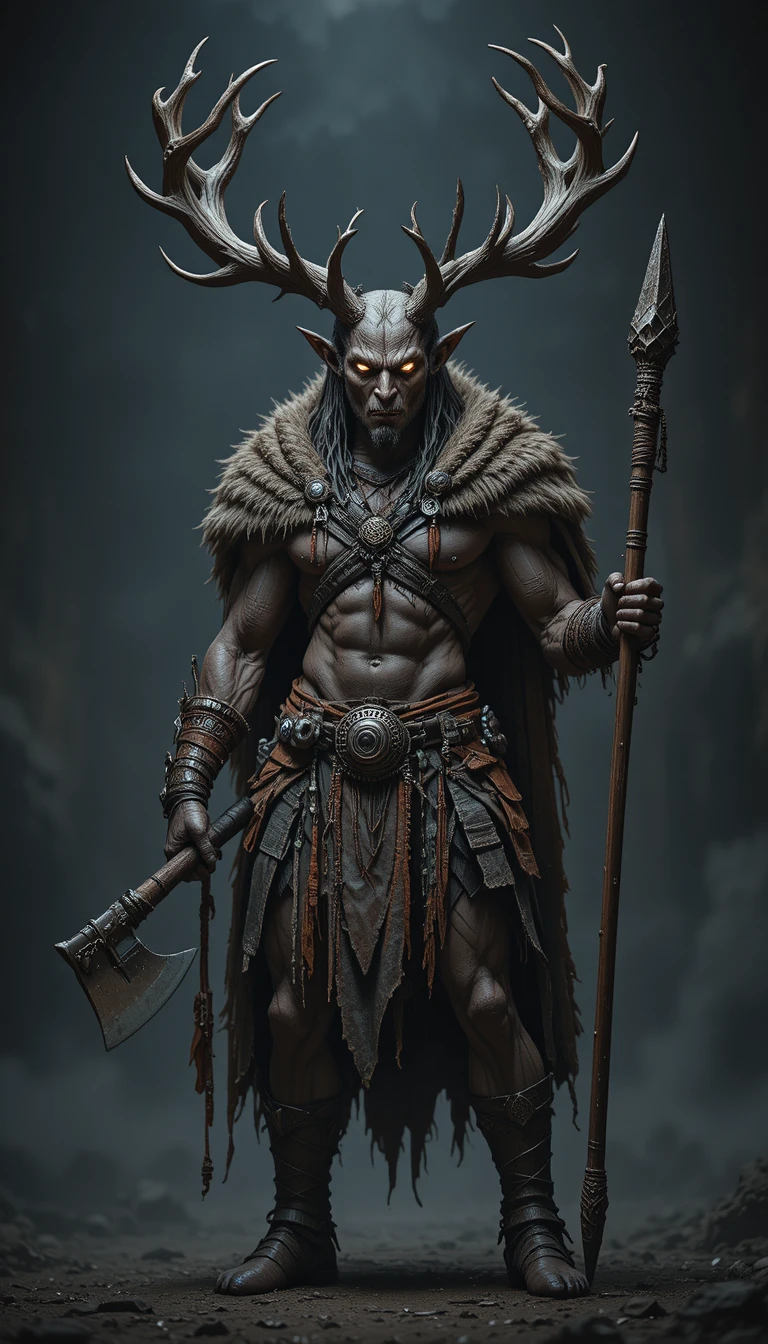 Stag headed warrior with glowing eyes in dark cloak