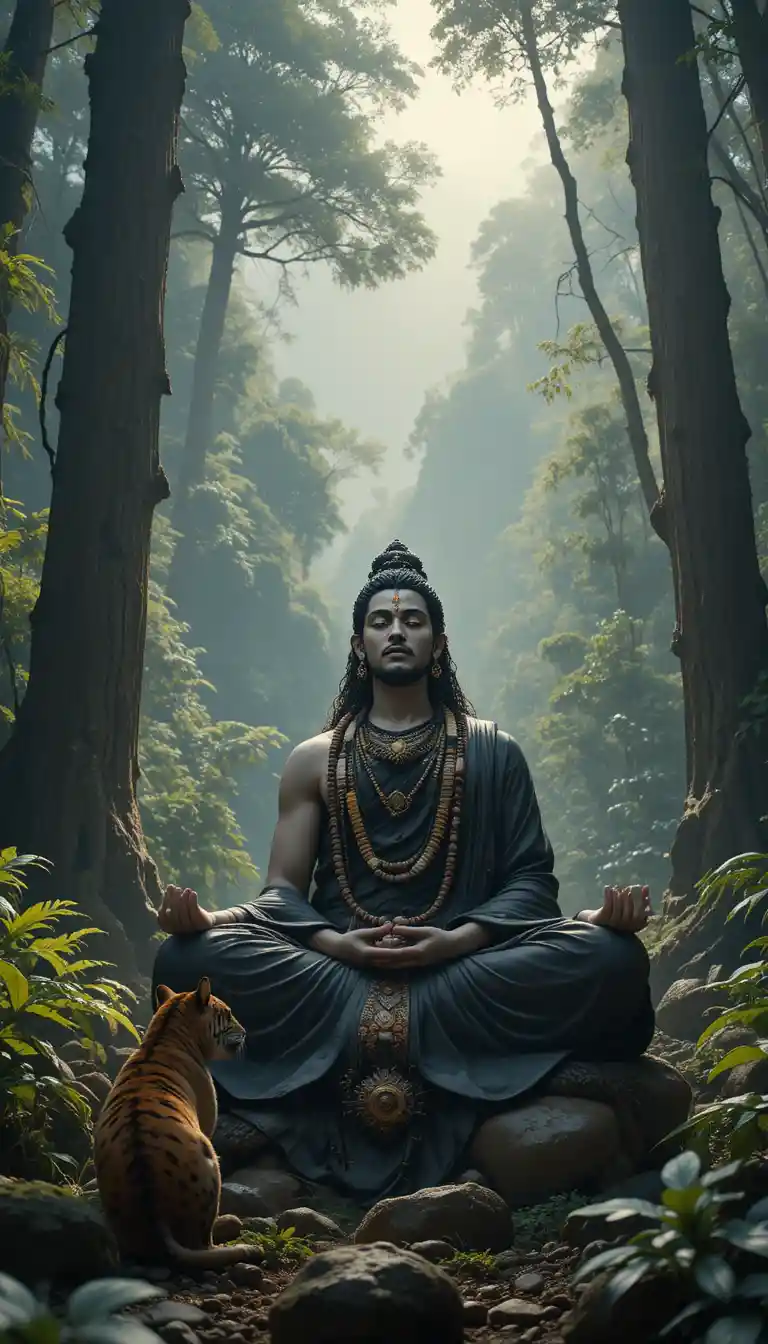 Divine ascetic meditating in a misty mountain forest