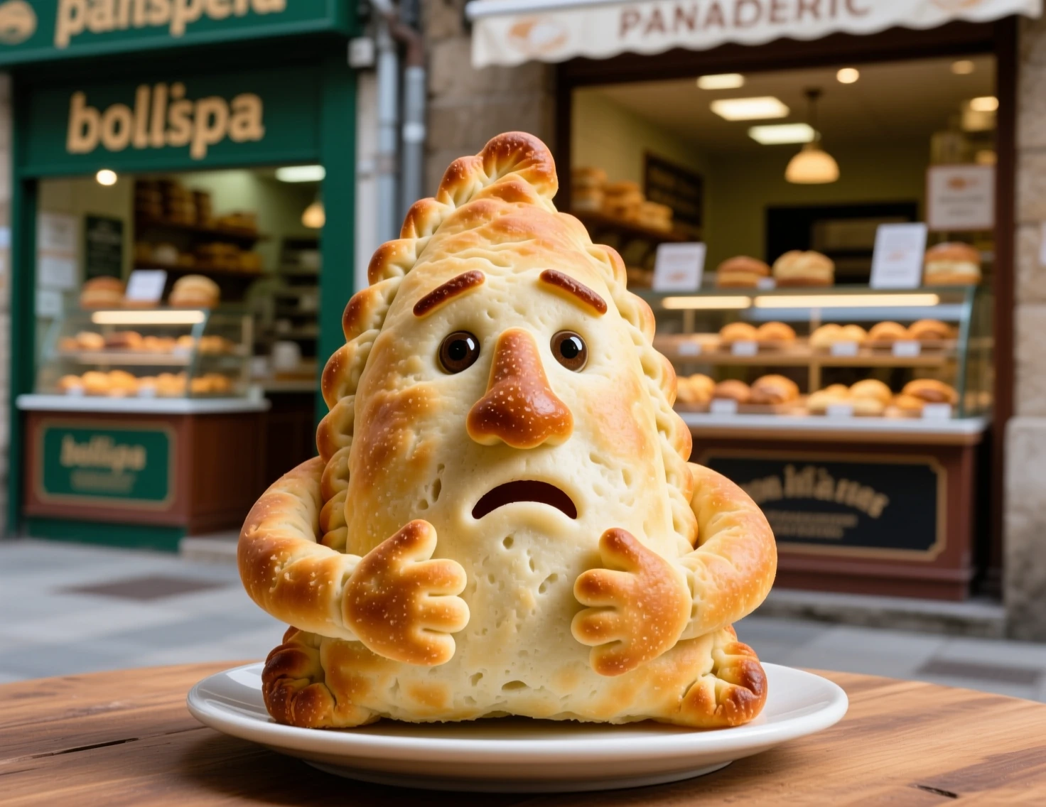 Empanada em forma de rosto pensativo em vitrine de padaria aconchegante