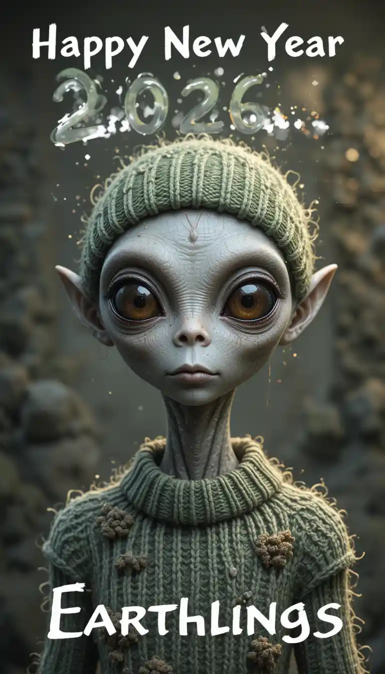 Grey alien in green beanie with happy new year text