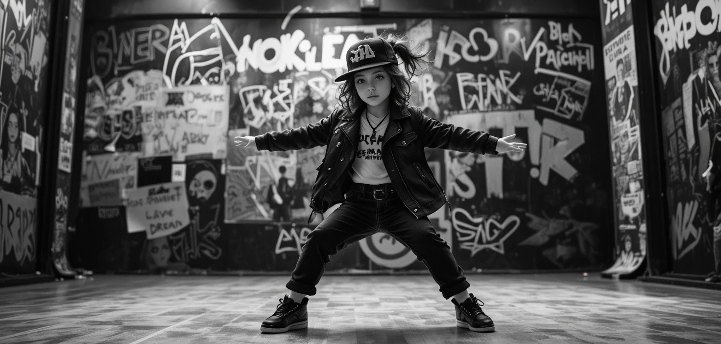Young girl breakdancing in a black and white urban street