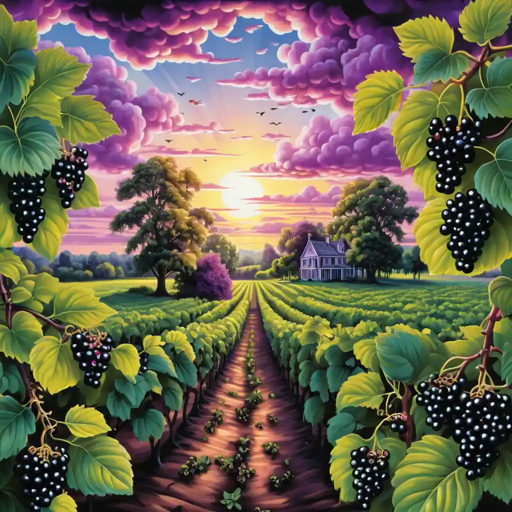 Surreal Sunrise Over Blackcurrant Plantation In Glossy Purple Tones