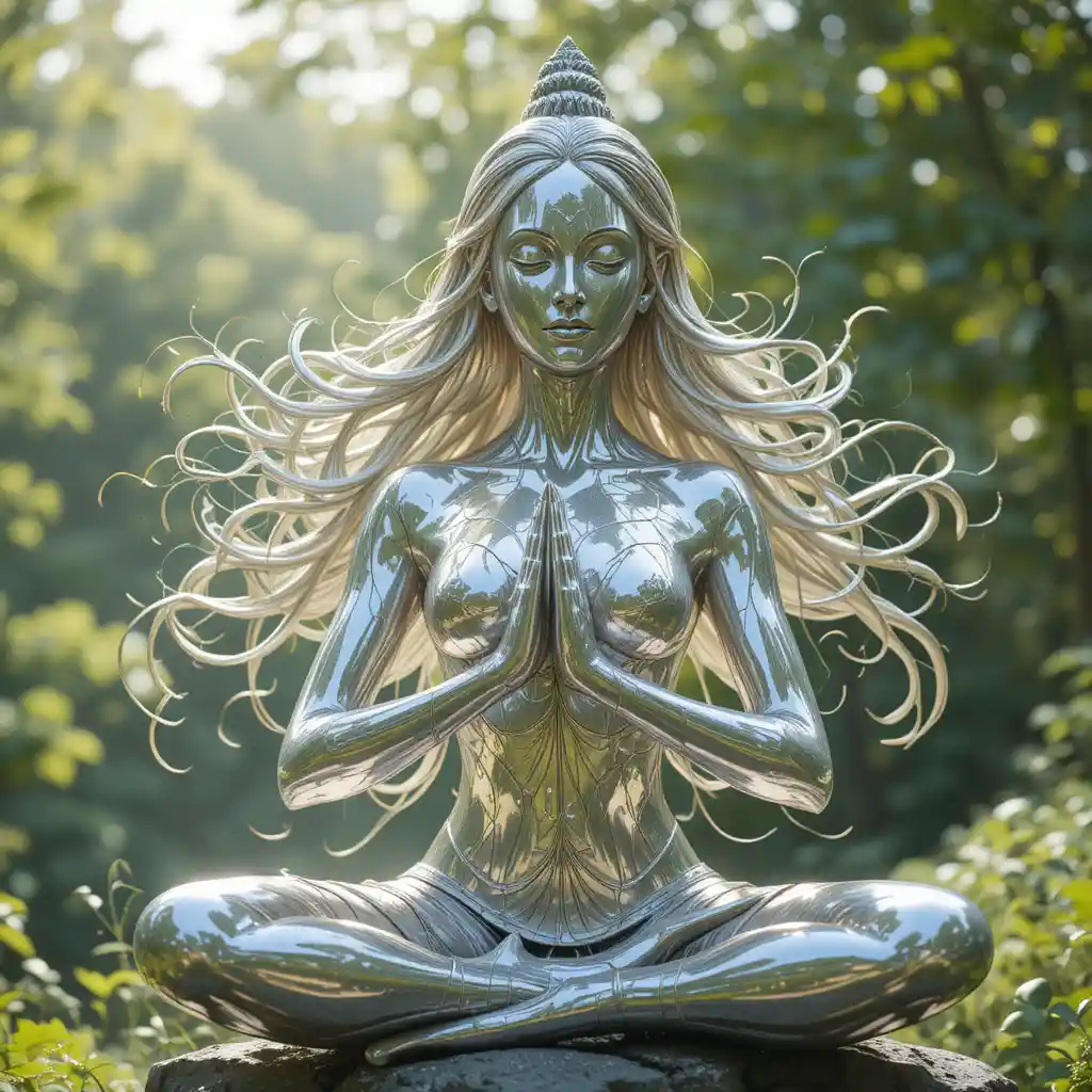 Silver statue of a long haired girl in yoga pose outdoors